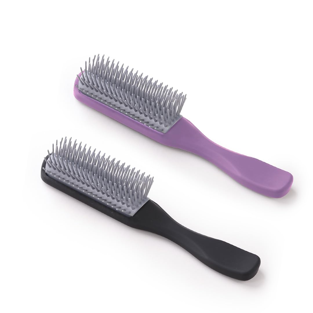 UMAI Flat Hair Brush with Strong & Flexible Bristles - 9-Row Curl Defining Brush for Thick Curly & Wavy Hair - Large Fan-type Styling Brush for Women & Men (Black-Purple, 2 Pack) - Perfect for Salon, Home & Travel Hair Care