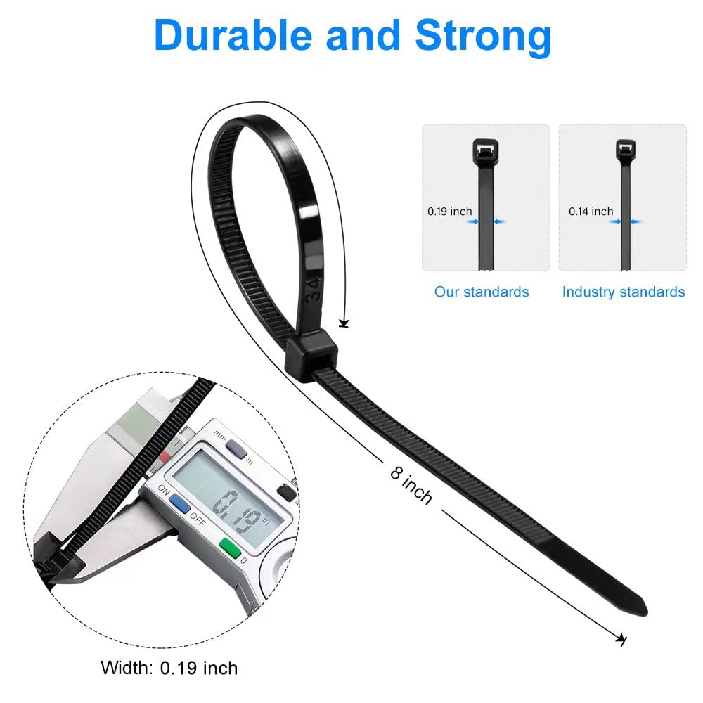 1000 Pack 8-Inch Black Heavy Duty Zip Ties - 50lb Tensile Strength UV Resistant Self-Locking Cable Ties for Indoor/Outdoor Use | Perfect for Organizing Wires, Securing Plants & DIY Projects | Tantti