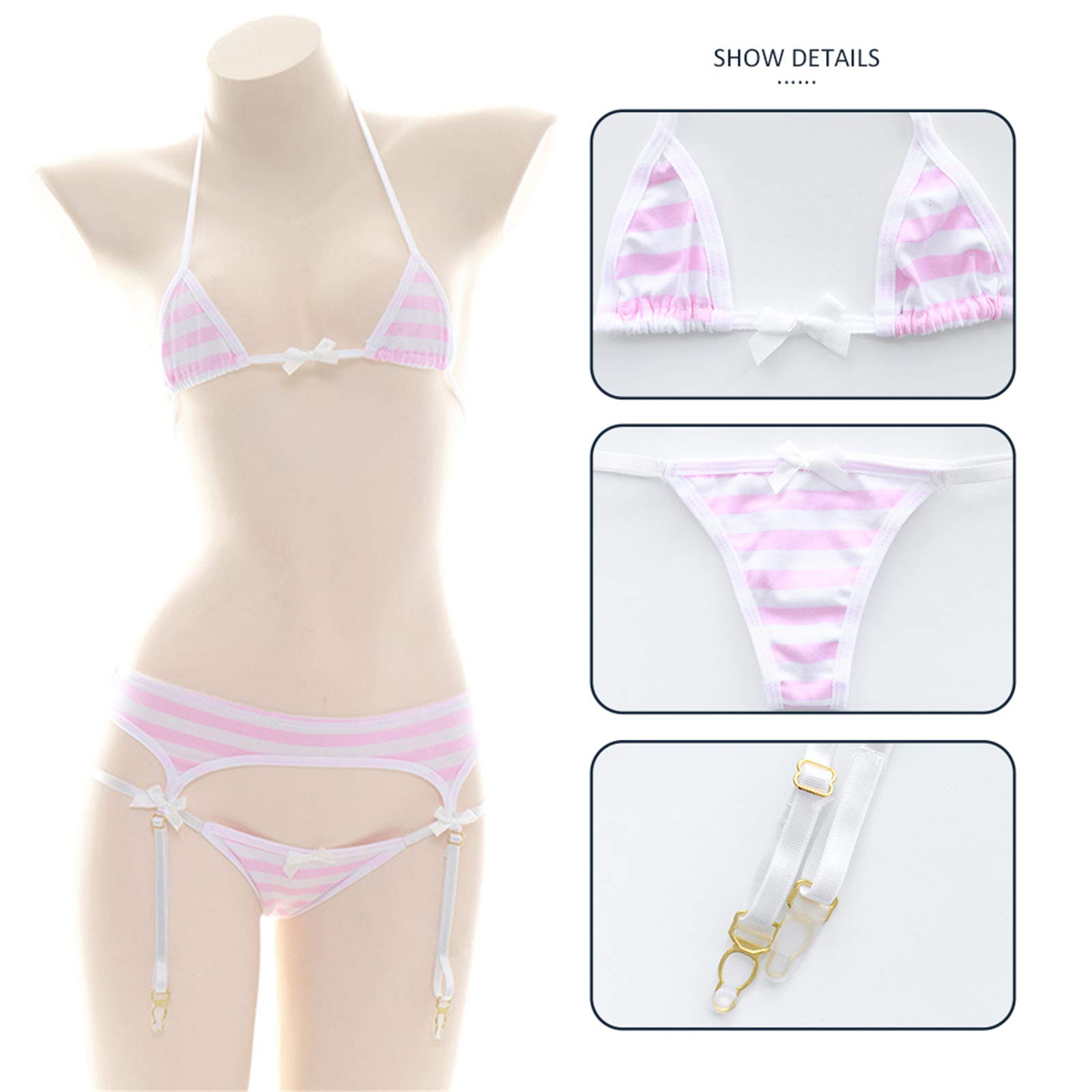 YOMORIO Anime Lingerie Set - Sexy Striped Micro Bikini Bra & Panty for Cosplay | Cute Kawaii Lingerie for Women | Perfect for Valentine's Day, Role Play & Anime Conventions