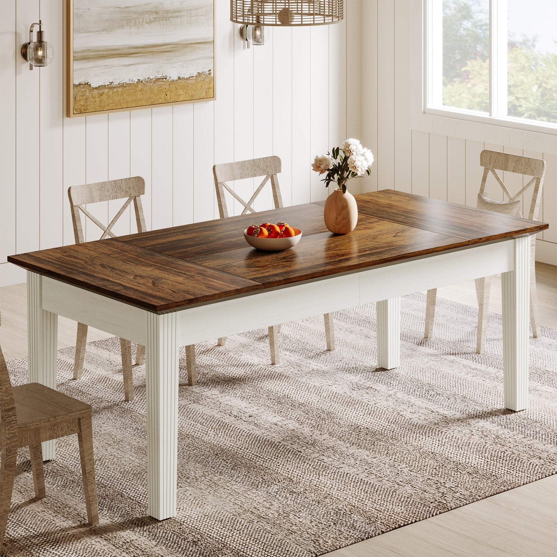 62 Inch Farmhouse Dining Table - Solid Wood Rectangular Kitchen Table for 4-6 People | Perfect for Family Meals, Dinner Parties & Farmhouse Style Decor