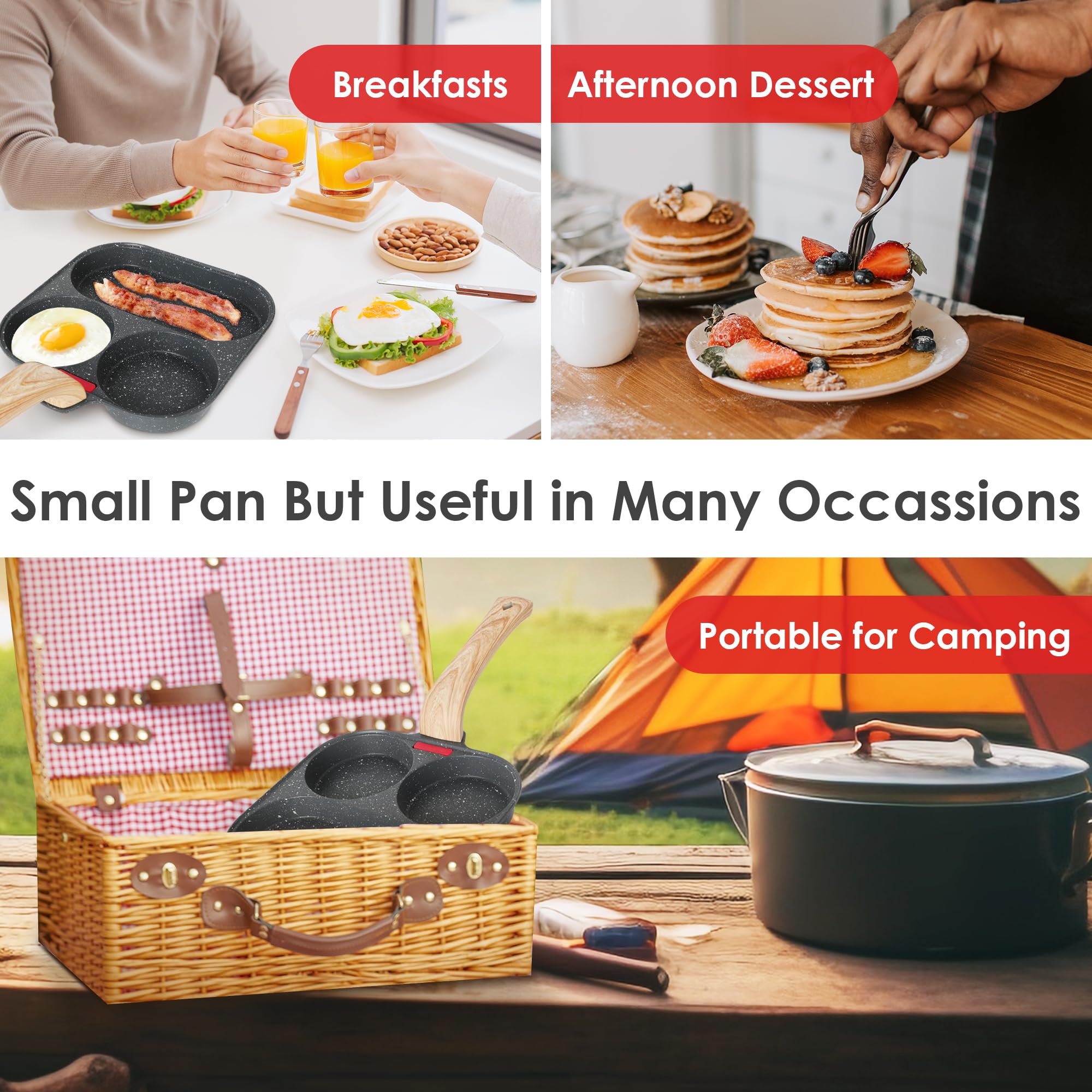 Non-Stick 3-Hole Aluminum Frying Pan with Lid - Multi-Functional Skillet for Pancakes, Omelets, Eggs, Hamburgers & Breakfast - Compatible with Gas & Induction Stoves - Includes Spatula, Brush & Clip - Perfect for Home Cooking, Camping & Quick Meals