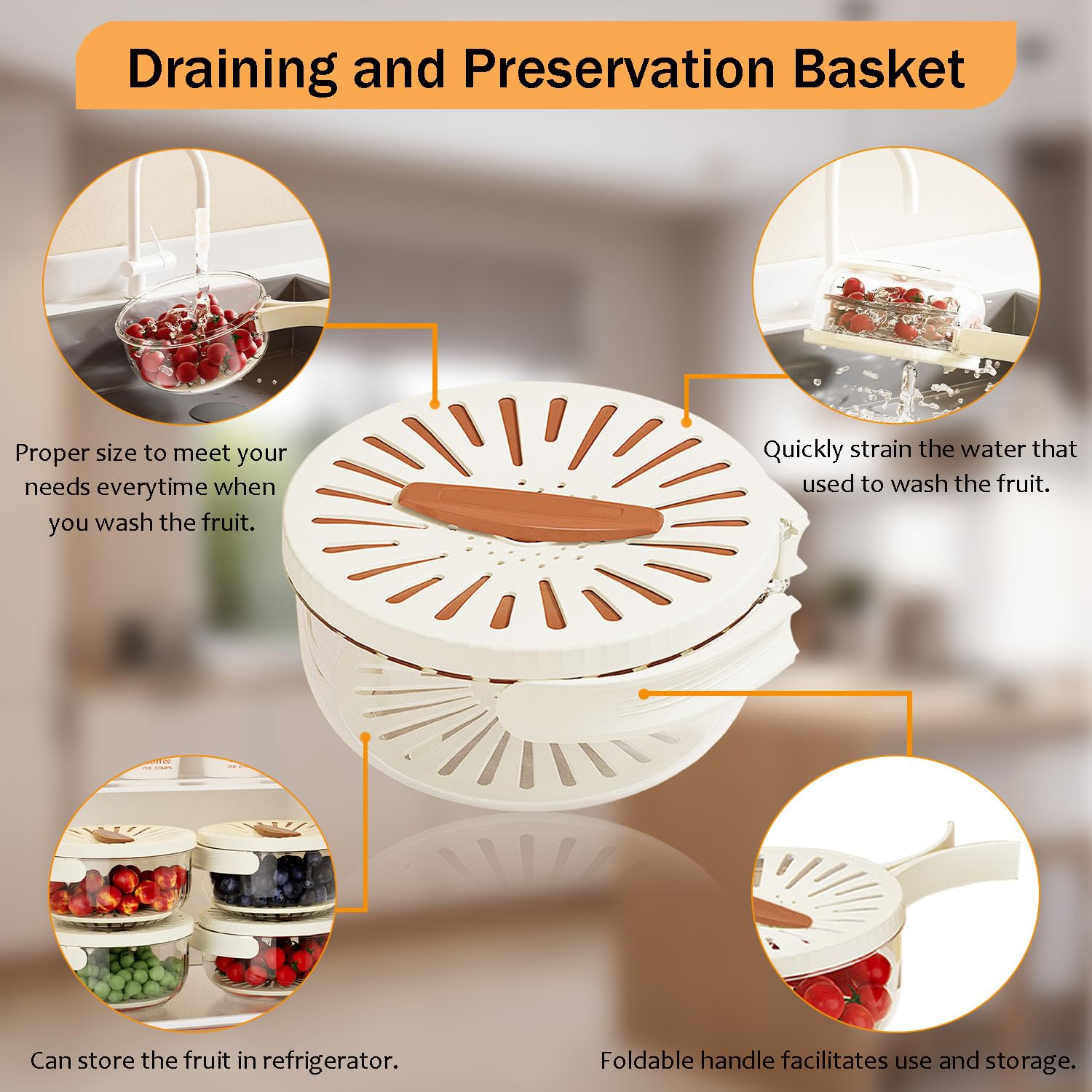 **2-in-1 Multifunctional Fruit & Vegetable Washing Bowl with Lid, Drainer & Strainer, Foldable Handle, Portable Kitchen Basin for Fresh Produce – Ideal for Home, Camping & Travel (Brown)**