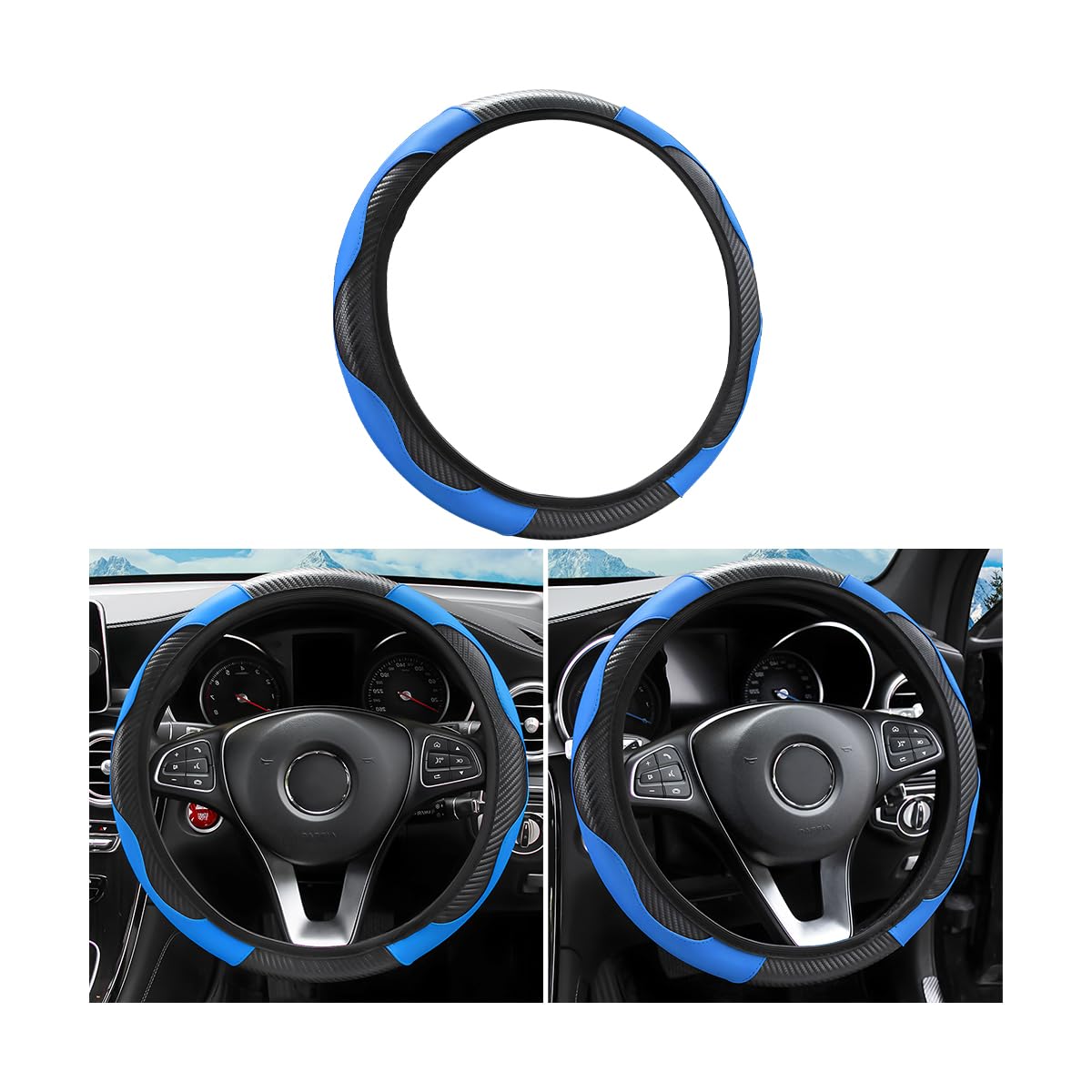 Premium 15 Inch Car Steering Wheel Cover - Microfiber PU Leather with Carbon Fiber Design | Anti-Slip, Breathable & Universal Fit for Most Vehicles | Perfect for Daily Commute, Road Trips & Enhanced Driving Comfort (Black/Blue) - Car Interior Accessories for Men & Women