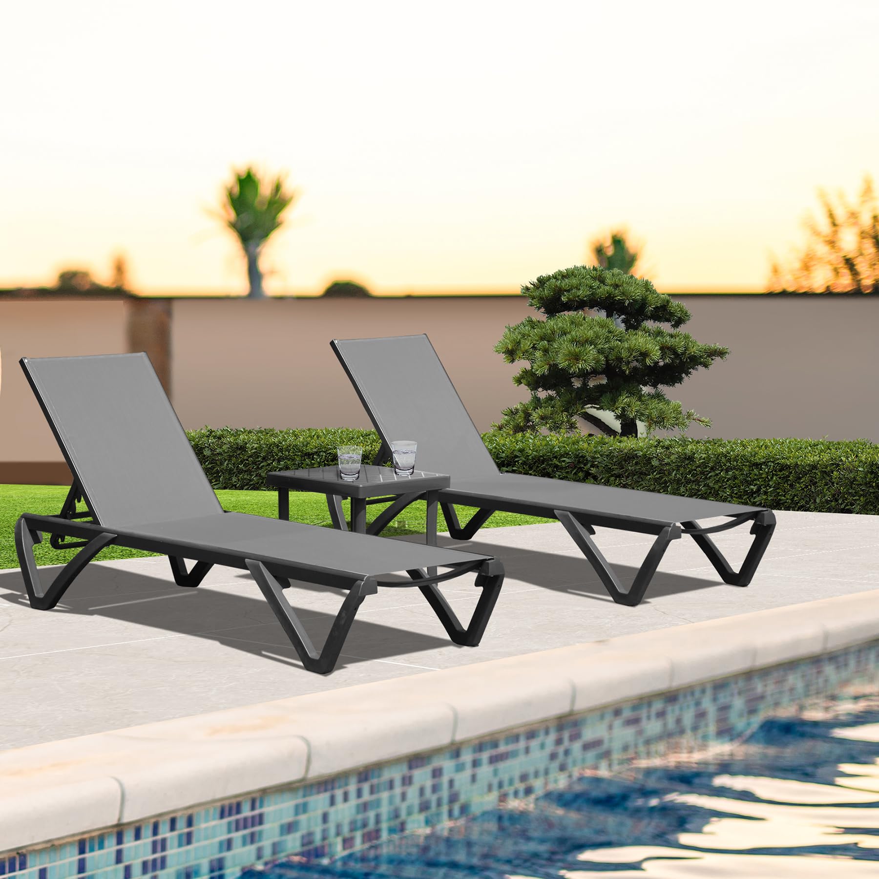 Domi 3-Piece Adjustable Aluminum Pool Lounge Chairs with Wheels & Table - Outdoor Chaise for Deck, Patio, Backyard - All-Weather Textilene Gray