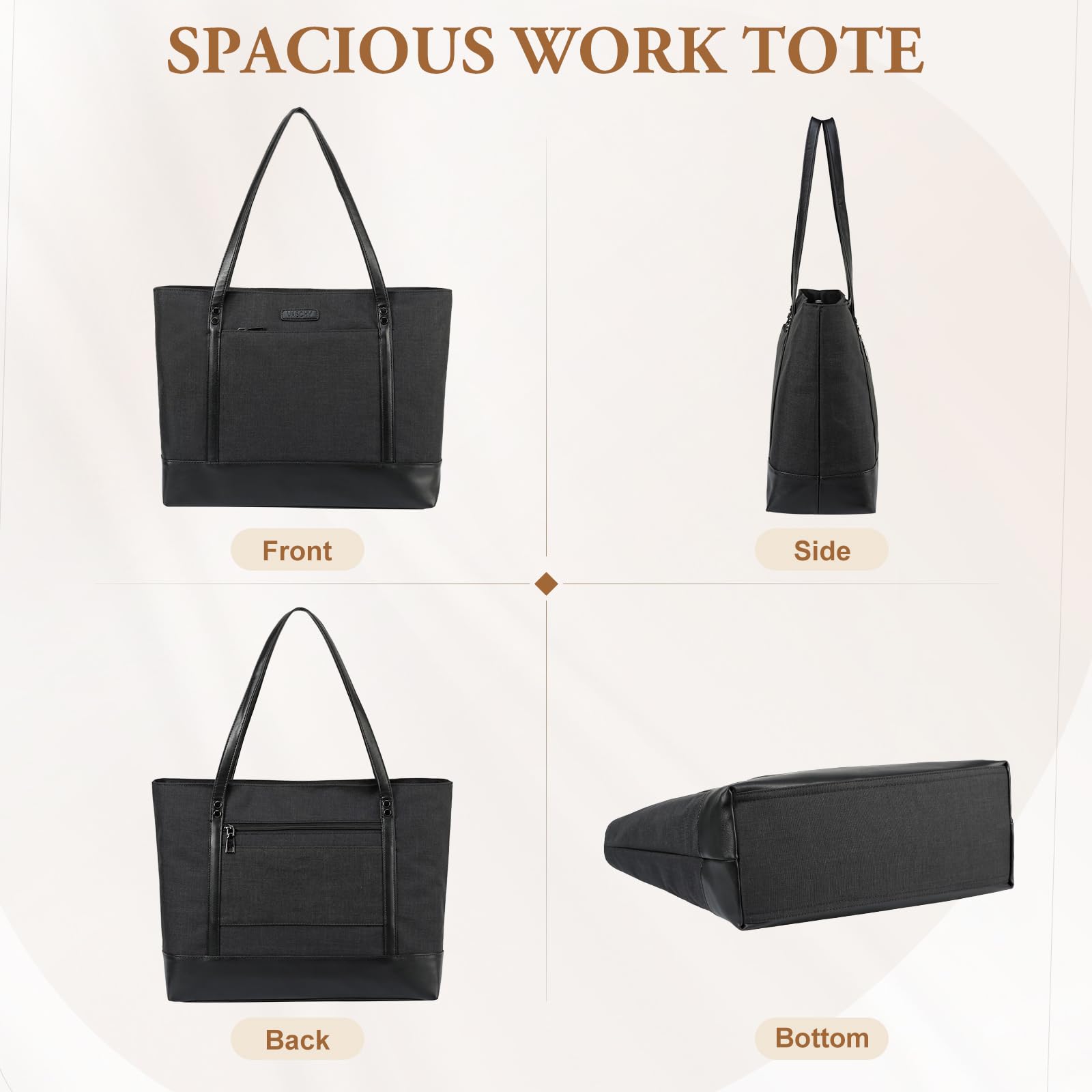 VASCHY Women's Water Resistant Laptop Tote Bag - 15.6 Inch Large Work Bag with Multiple Pockets for Office, School & Travel - Stylish Teacher Handbag & Shoulder Bag (Black) | Perfect for Business Professionals, College Students & Commuters
