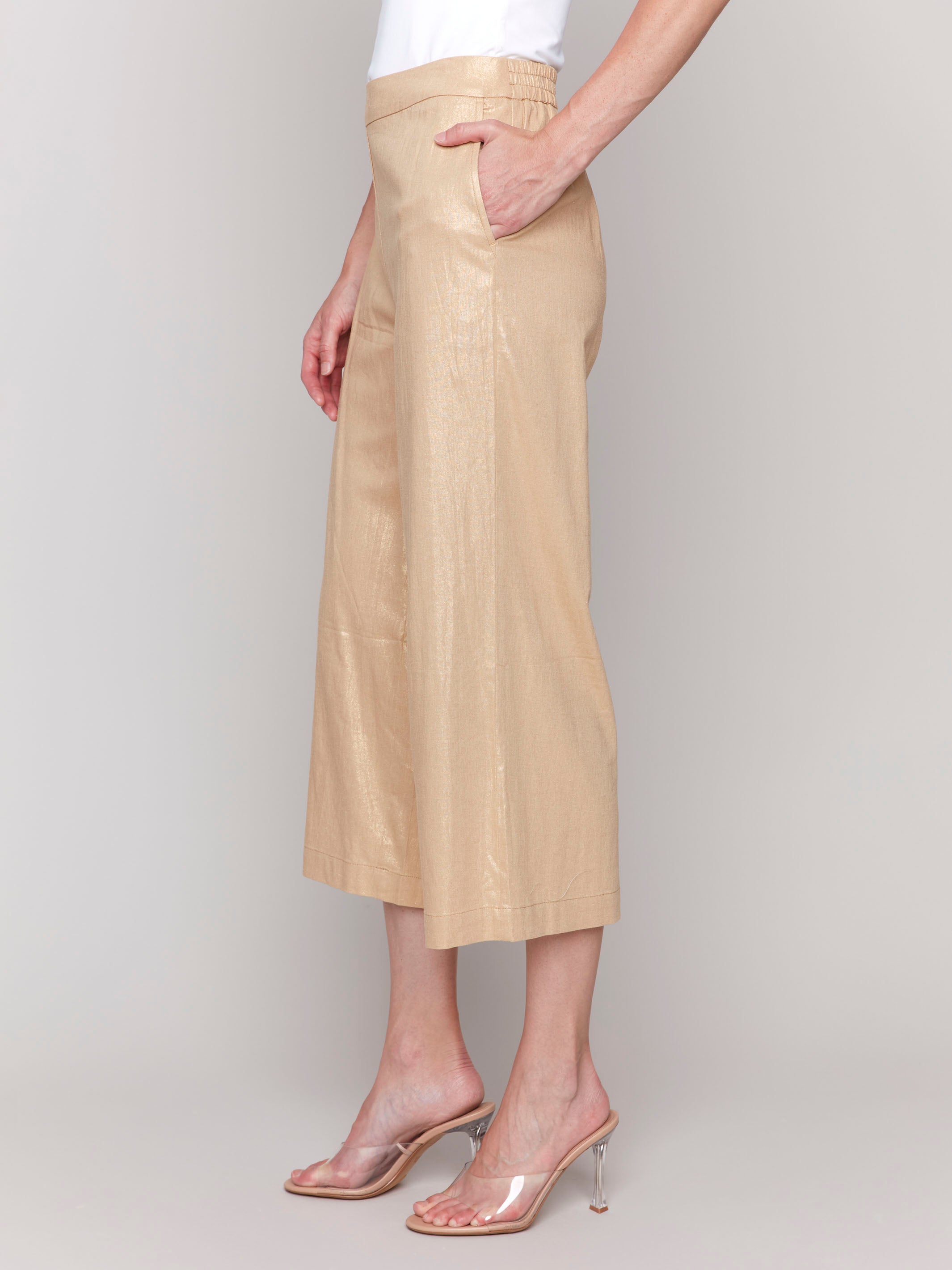 Gold Foil Linen Blend Cropped Pull On Pants - Women's High Waisted Casual Lounge Pants for Summer, Beach & Yoga