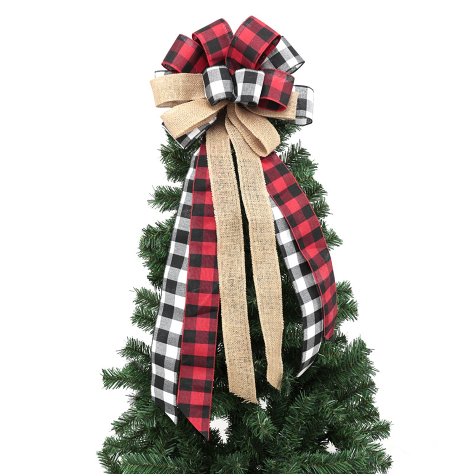 Red and Black Buffalo Plaid Christmas Tree Topper Bow with Streamers - Rustic Burlap Wreath Bow for Farmhouse Holiday Decor, Xmas Tree Topper, Christmas Party & Home Decoration (Red Plaid) - Perfect for Fireplace Mantels, Front Door Wreaths & Festive Tablescapes