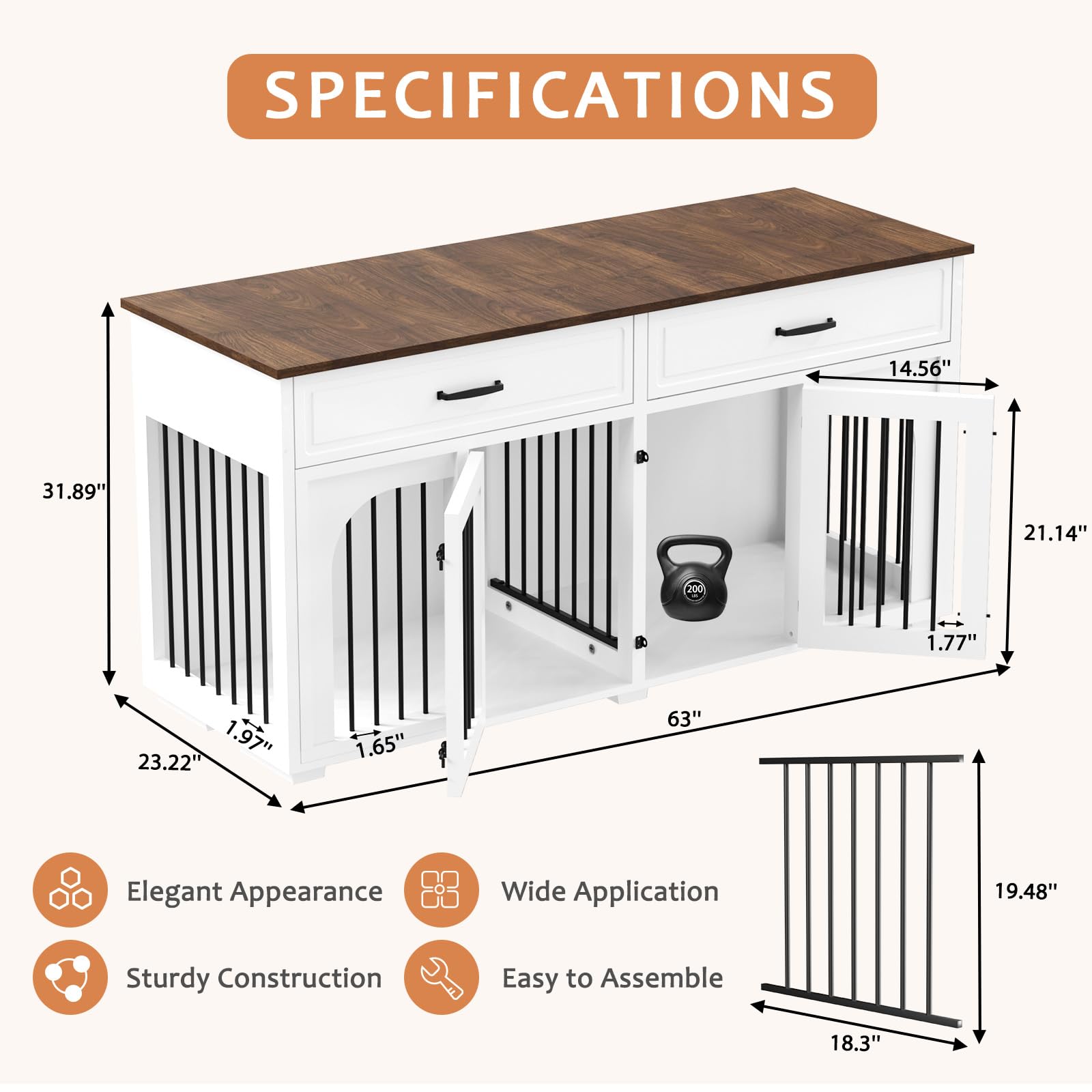 **EBE 63'' Wooden Dog Crate Furniture with 2 Drawers & Removable Divider - Heavy Duty Indoor Dog Kennel, Double Room Pet Crate Table for Small & Medium Dogs - Perfect for Living Room, Bedroom & Home Office**