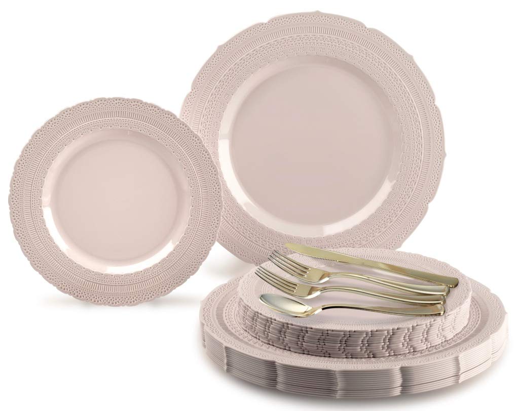 360-Piece Vintage Wedding Party Disposable Plastic Plate Set (60 Guests) - Heavyweight Chateau Blush Pink Plates with Gold & Silver Silverware (Double Fork) | Elegant Dinnerware for Weddings, Bridal Showers, Anniversaries & Formal Events