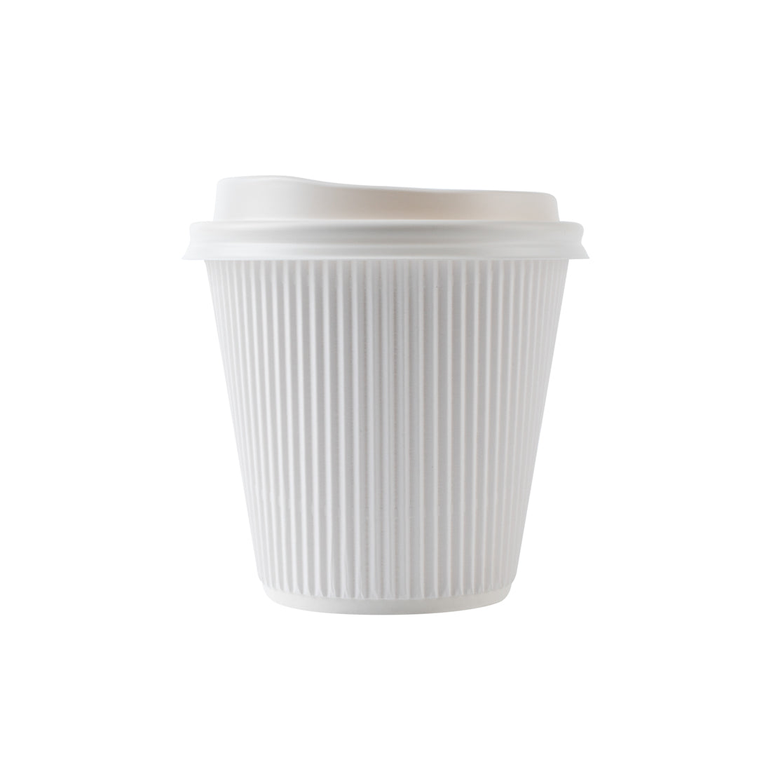 8 oz White Paper Ripple Wall Coffee Cups with White Lids - 3.5