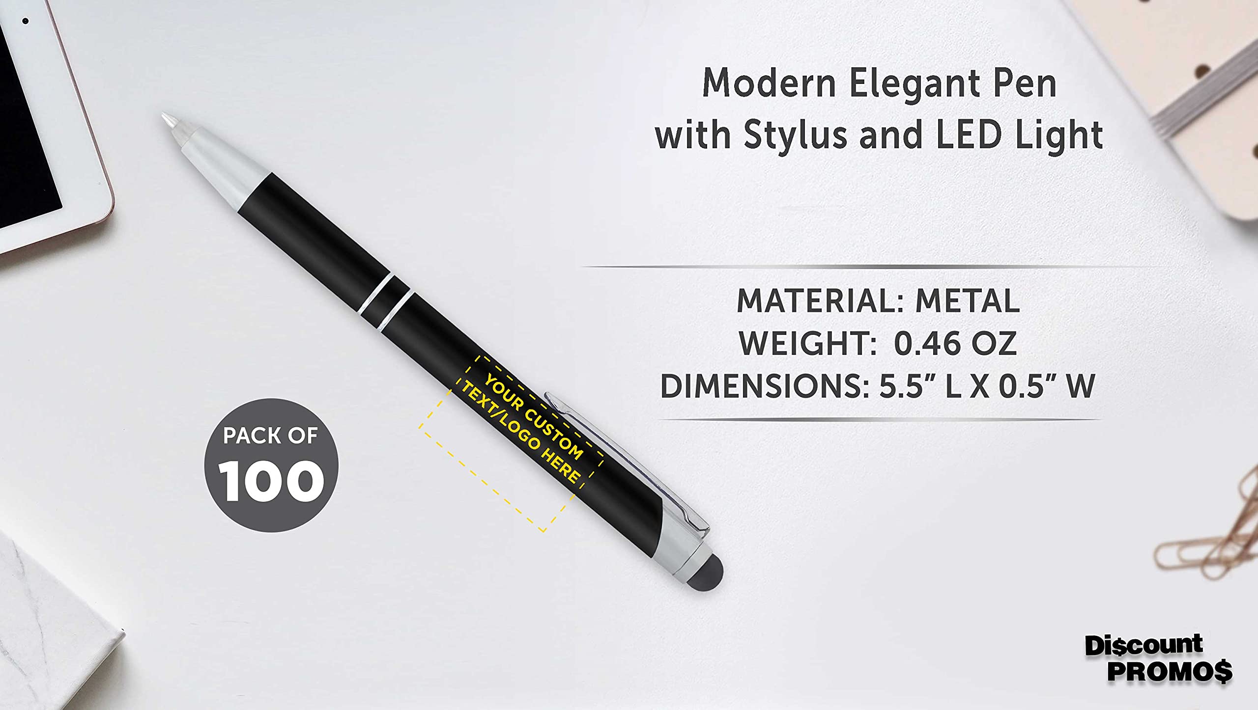 100 Pack Night Rite Stylus Metal Pens with Custom Text & Logo - LED Light, Twist Action Black Ink Pens - Perfect for Business Gifts, Trade Shows & Office Use