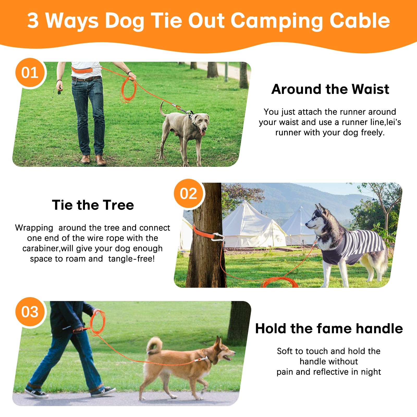 50ft Heavy Duty Chew Proof Dog Leash - Long Tie Out Cable with Carabiner for Medium & Large Dogs | Padded Handle for Comfort | Perfect for Yard Training, Walking & Outdoor Activities