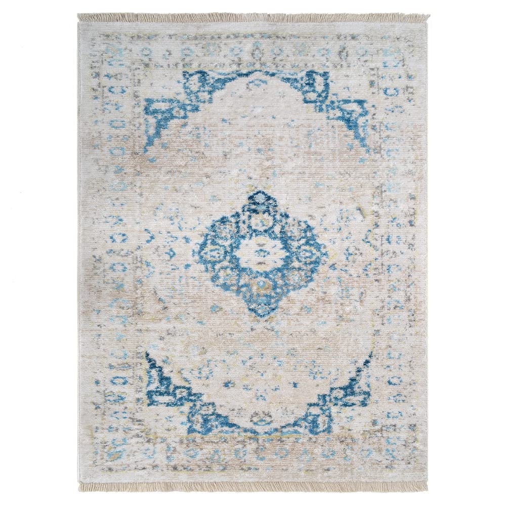 Machine Made Polyester Area Rugs 6'x9' Rectangle - Ivory Oriental Traditional Design Low Pile Carpet for Living Room Bedroom | Durable & Soft Home Decor | Perfect for Modern & Classic Interior Styles (M00069)