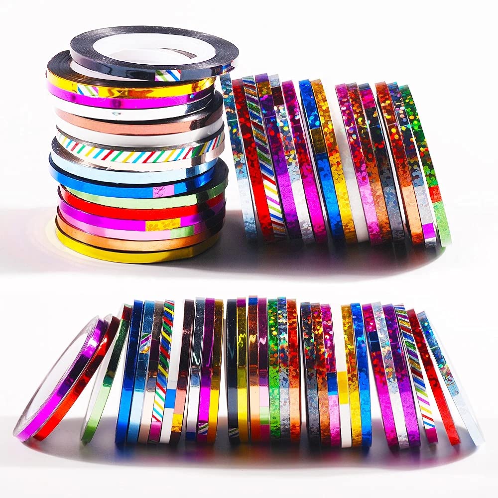 5 Rolls Glitter Nail Art Striping Tape - 3mm Wide Self-Adhesive DIY Nail Decoration Tape with Dispenser for Salon, Home Manicure & Nail Design - Perfect for French Tips, Geometric Patterns & Nail Art Creations