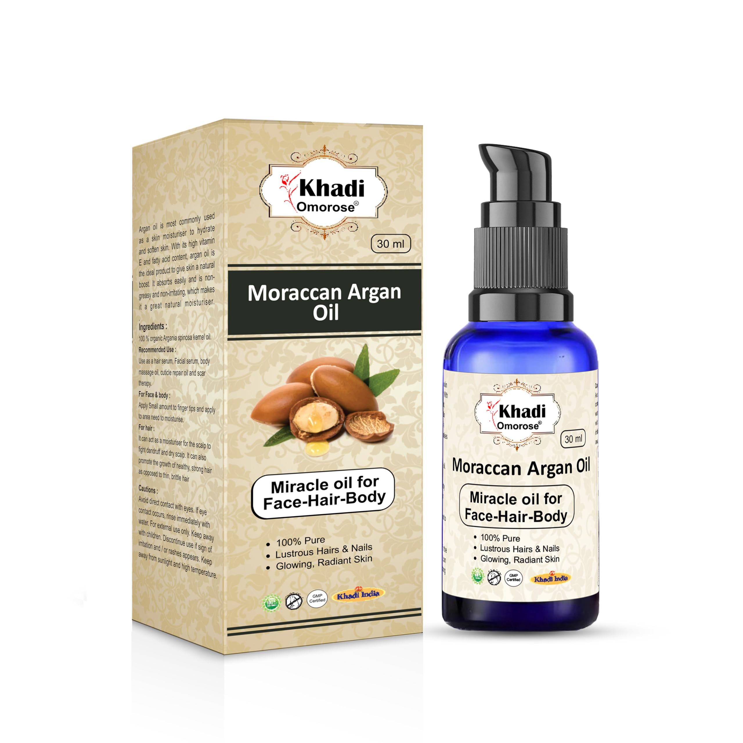 Organic Cold Pressed Khadi Omorose Moroccan Argan Oil - 30ml for Skin, Hair & Anti-Aging Face Care - Perfect for Daily Moisturizing, Hair Repair & Youthful Glow