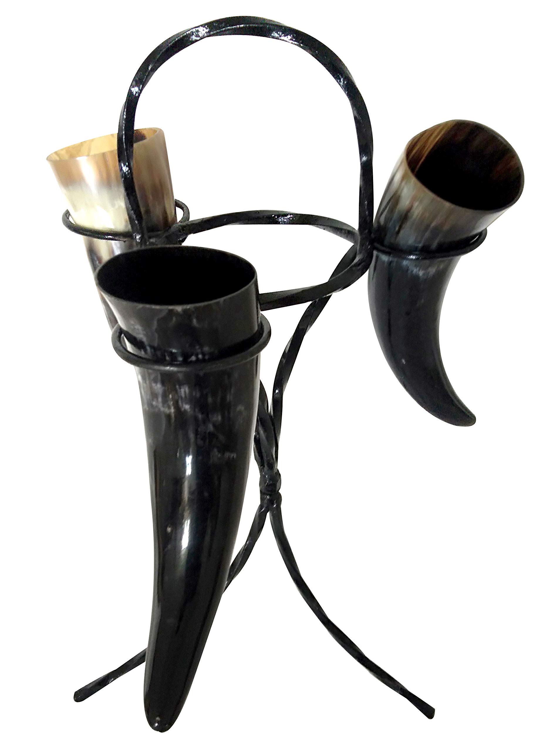 Authentic Viking Drinking Horn Beer Mug Set of 3 - Medieval Inspired Metal Stand for Wine, Mead & Shot Glasses - Perfect for Bar, Kitchen Decor & Viking Themed Parties