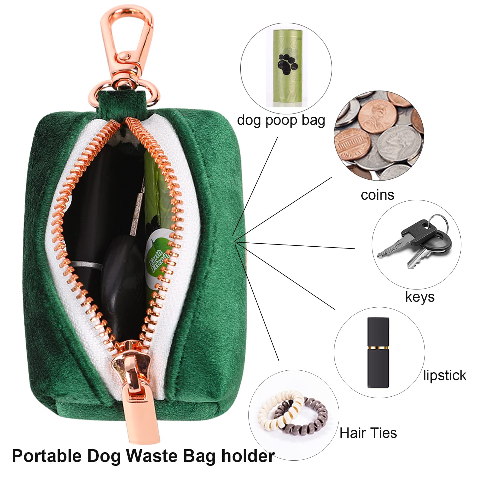 Premium Velvet Dog Poop Bag Holder - Leash Attachment Waste Bag Dispenser with Metal Zipper | Dark Green Washable Pet Waste Pouch for Dogs | Perfect for Walks, Hikes & Park Visits