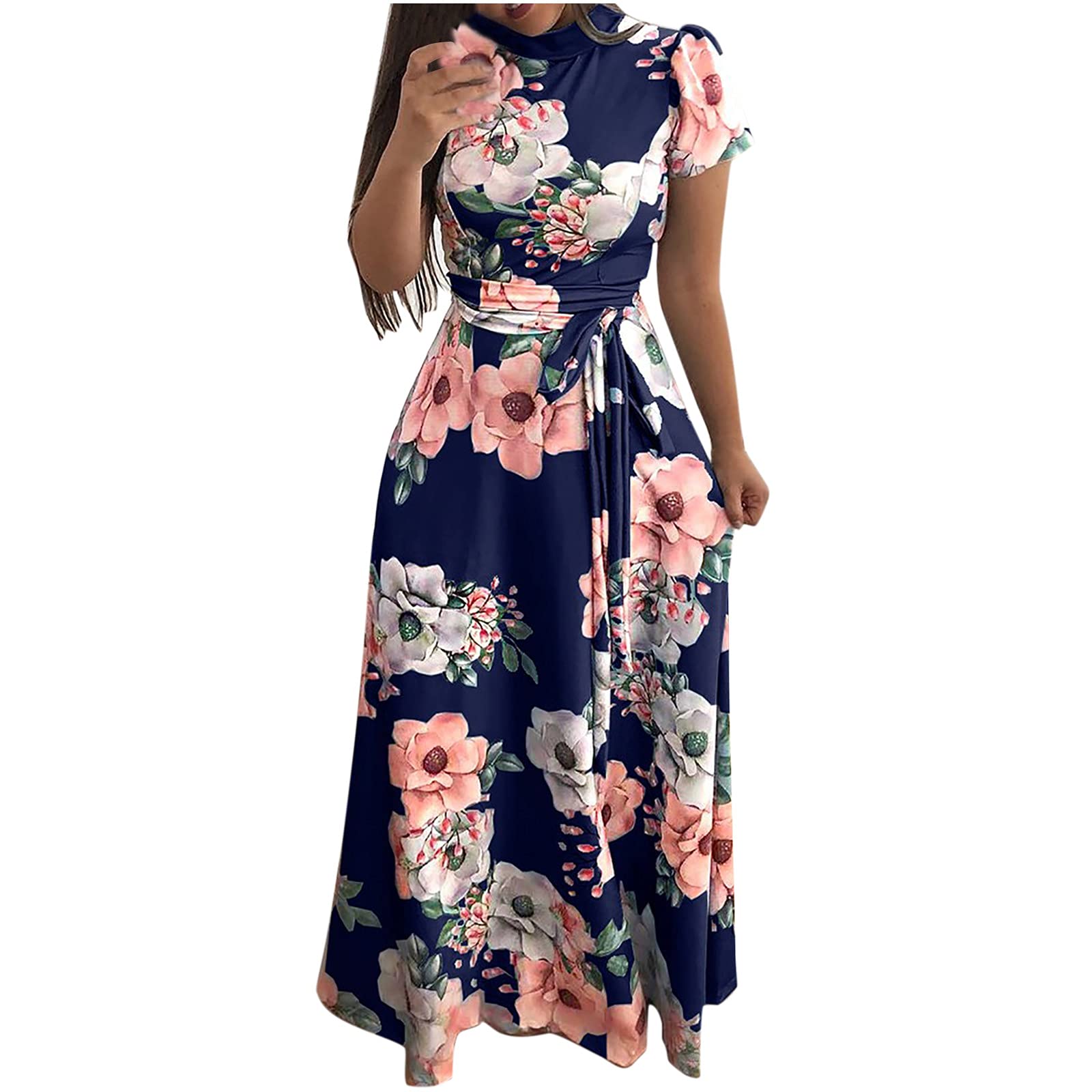Vintage Floral Print Women's Short Sleeve Wrap Maxi Dress - Turtleneck Casual Long Dress for Wedding Guest, Beach Party & Summer Vacation
