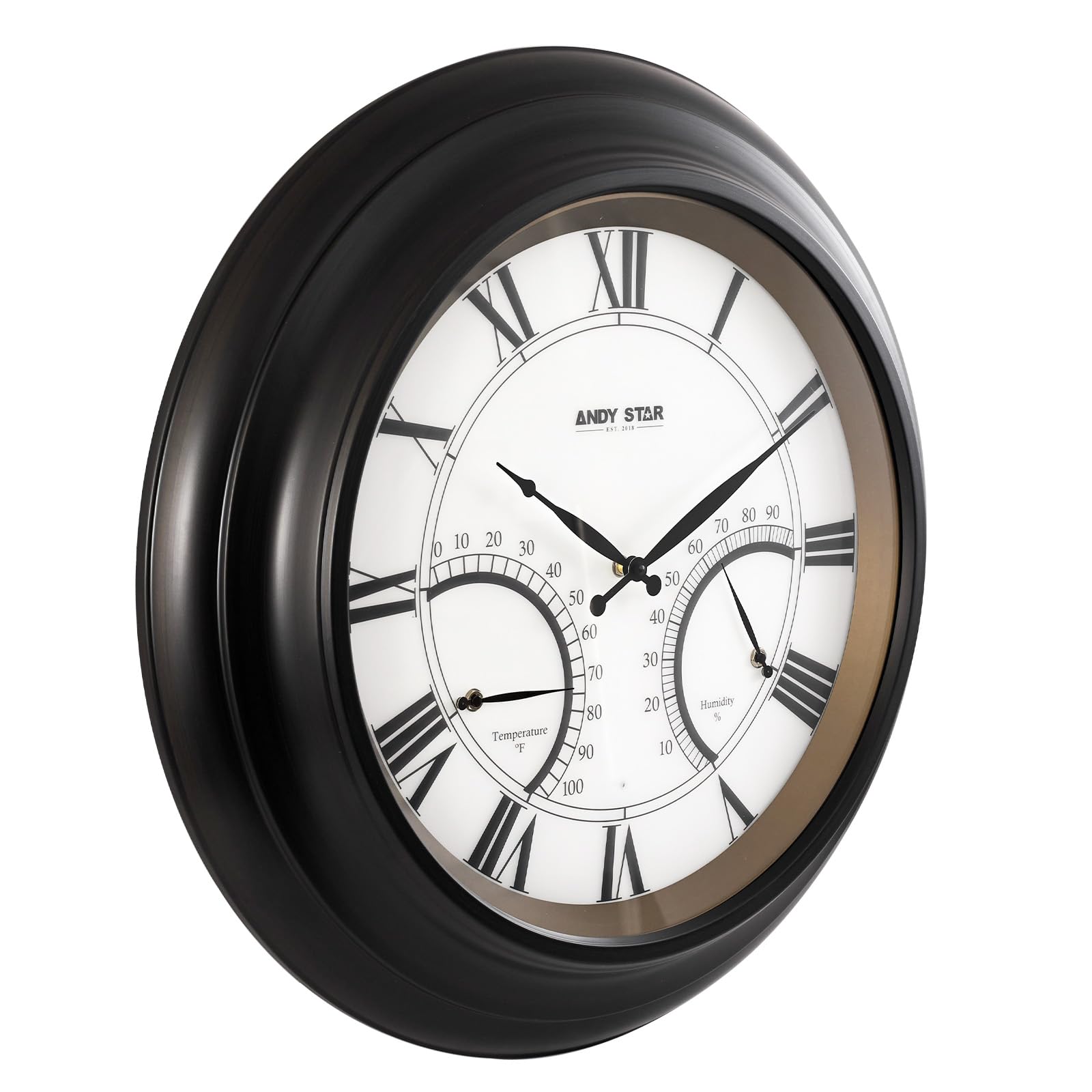 **24 Inch Outdoor Wall Clock with Thermometer & Hygrometer - Waterproof, Weatherproof, Illuminated - Battery Operated for Patio, Garden, Backyard - Oil Rubbed Bronze Black Finish**    *(Perfect for outdoor spaces like patios, gardens, and backyards, providing accurate time, temperature, and humidity readings in any weather.)*