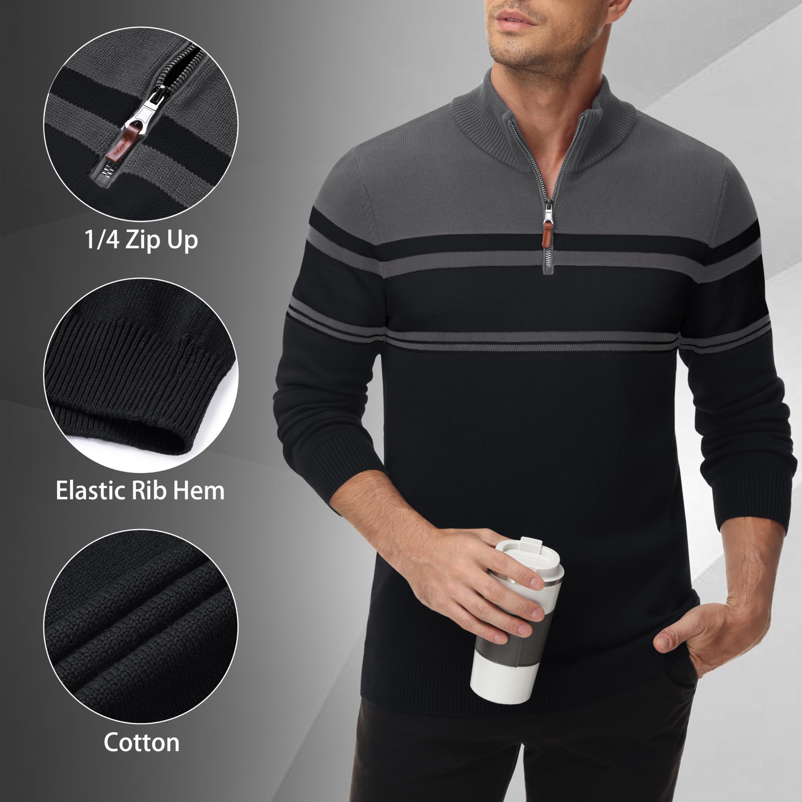 MAGNIVIT Men's Quarter Zip Striped Pullover Sweater - Color Block Polo Sweatshirt for Fall, Winter & Spring | Casual Office Wear & Outdoor Activities