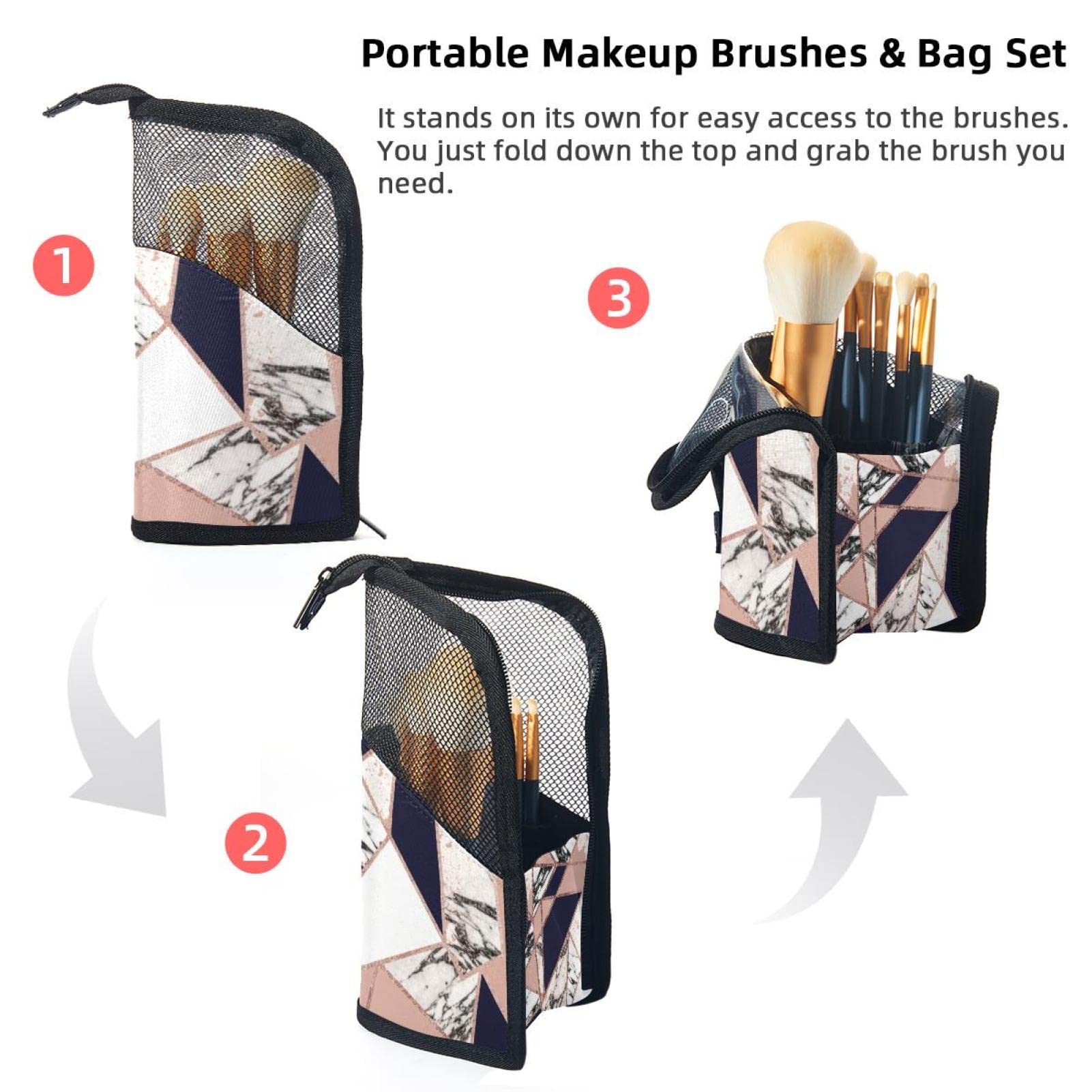 Premium 12-Piece Makeup Brush Organizer Bag - Geometric Blue Peach Marble Rose Design, Portable Travel Cosmetic Brush Holder Case for Professional Artists & Beginners | Perfect for Home Storage & On-the-Go Makeup Application