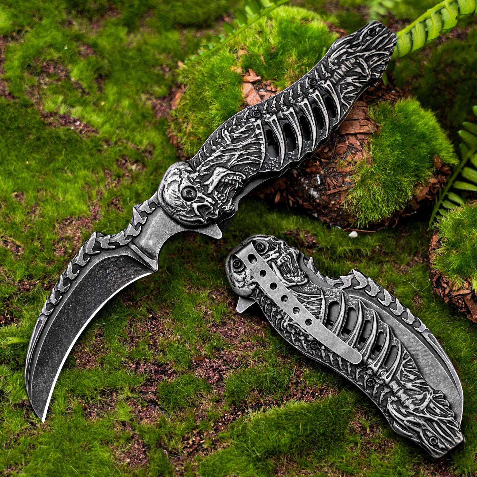 VALHALLA REAPER Skull Pocket Knife - 3D Hollow-Out Tactical Folding Knife with Belt Clip | EDC Survival Tool for Men | Perfect for Outdoor Camping, Hiking, Hunting & Everyday Carry