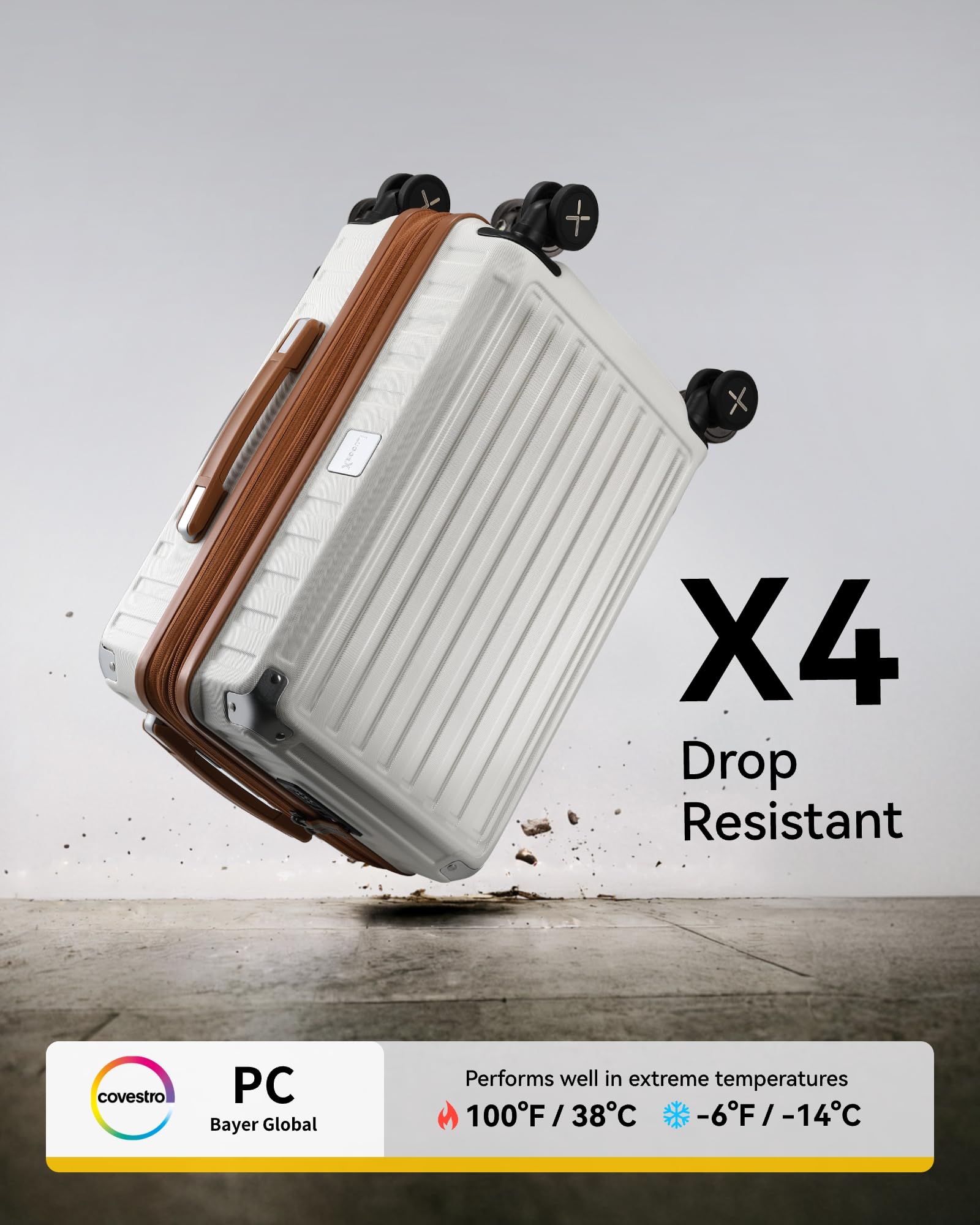 LUGGEX 3-Piece Expandable Hardshell Carry On Luggage Set with 360° Spinner Wheels - Lightweight PC Suitcase for Travel, Business Trips & Vacations (White/Brown)