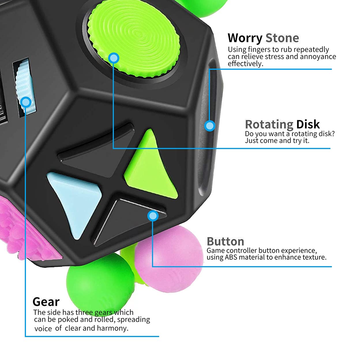 PAPOLGO 12-Sided Fidget Cube Toy for Stress Relief & Anxiety - ADHD Focus Aid, Autism Sensory Toy for Kids & Adults - Perfect for Office, School & Travel (Black / B2)