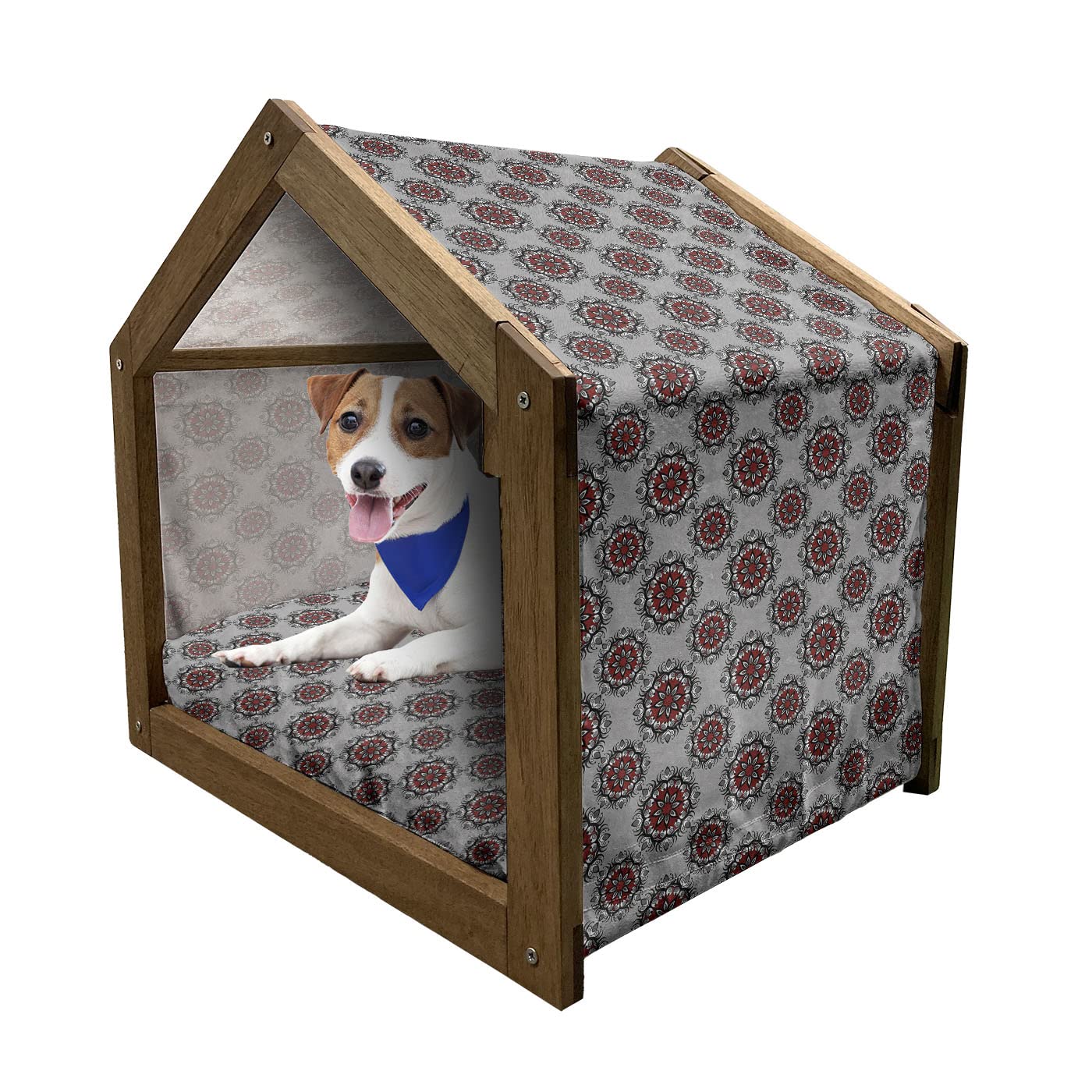 Ambesonne Abstract Wooden Pet House - Persian Moroccan Middle Eastern Floral Design Dog Kennel with Removable Pillow & Cover - Indoor & Outdoor Portable Dog Bed for Small to Medium Dogs - Perfect for Home, Garden, Patio and Travel Use (Pale Grey Burgundy)