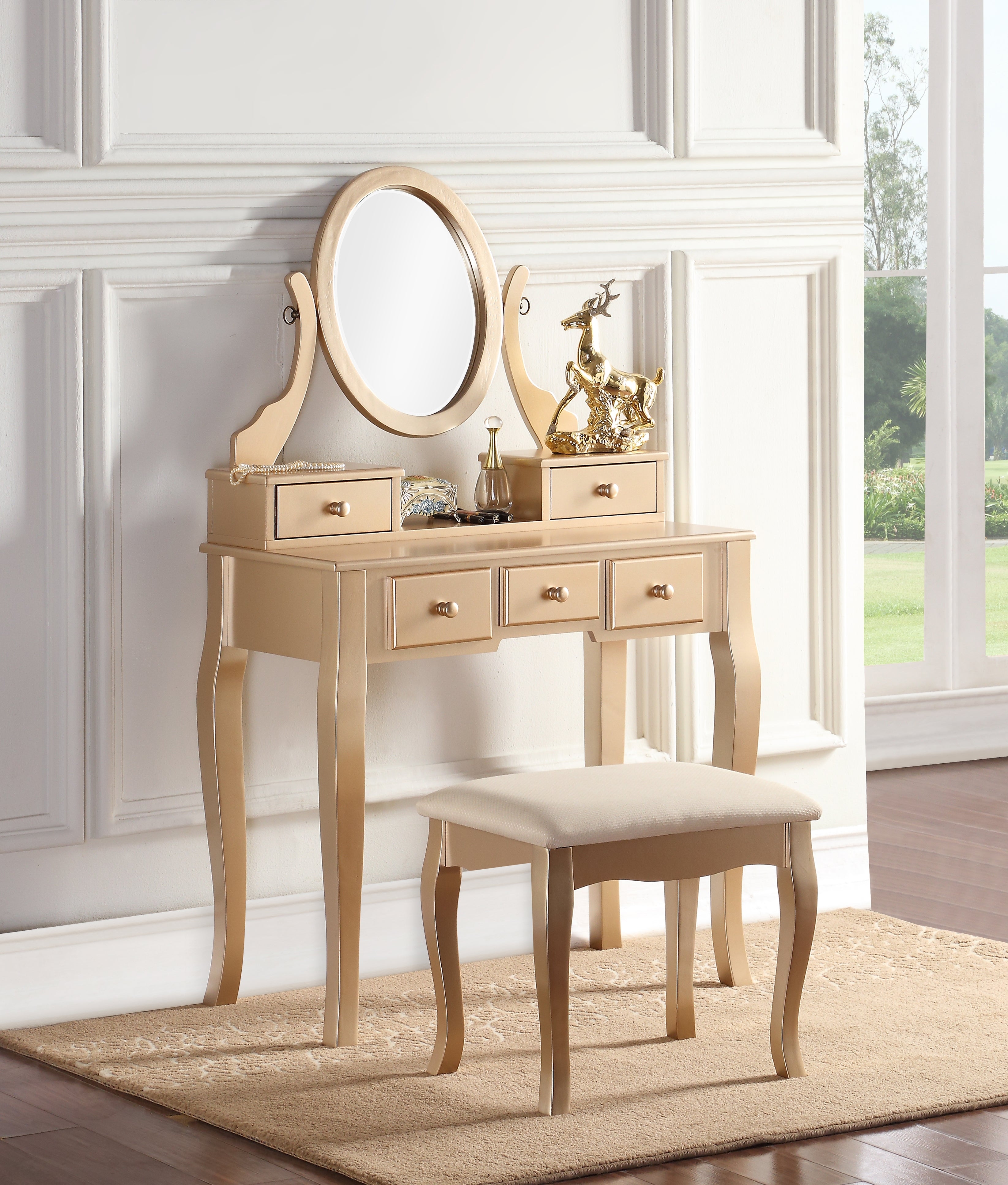 Ashley Wood Makeup Vanity Table and Stool Set with Mirror - Gold Finish | Elegant Dressing Table for Bedroom, Bathroom & Salon | Perfect for Makeup, Skincare & Jewelry Organization
