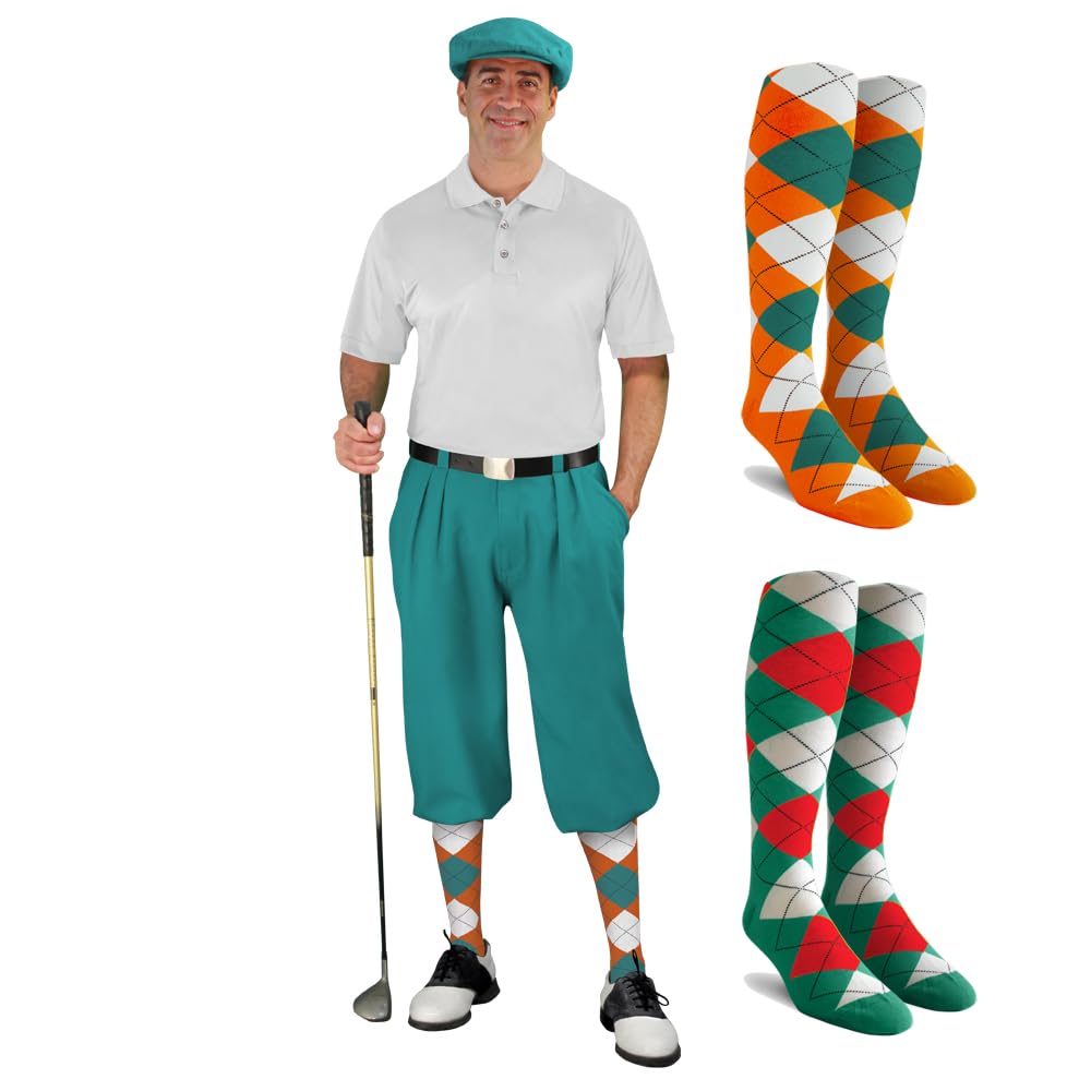 Men's Teal Golf Outfit Set - Matching Knickers, Cap & 2 Over-The-Calf Socks - Stylish Golf Attire for Casual Play & Tournaments