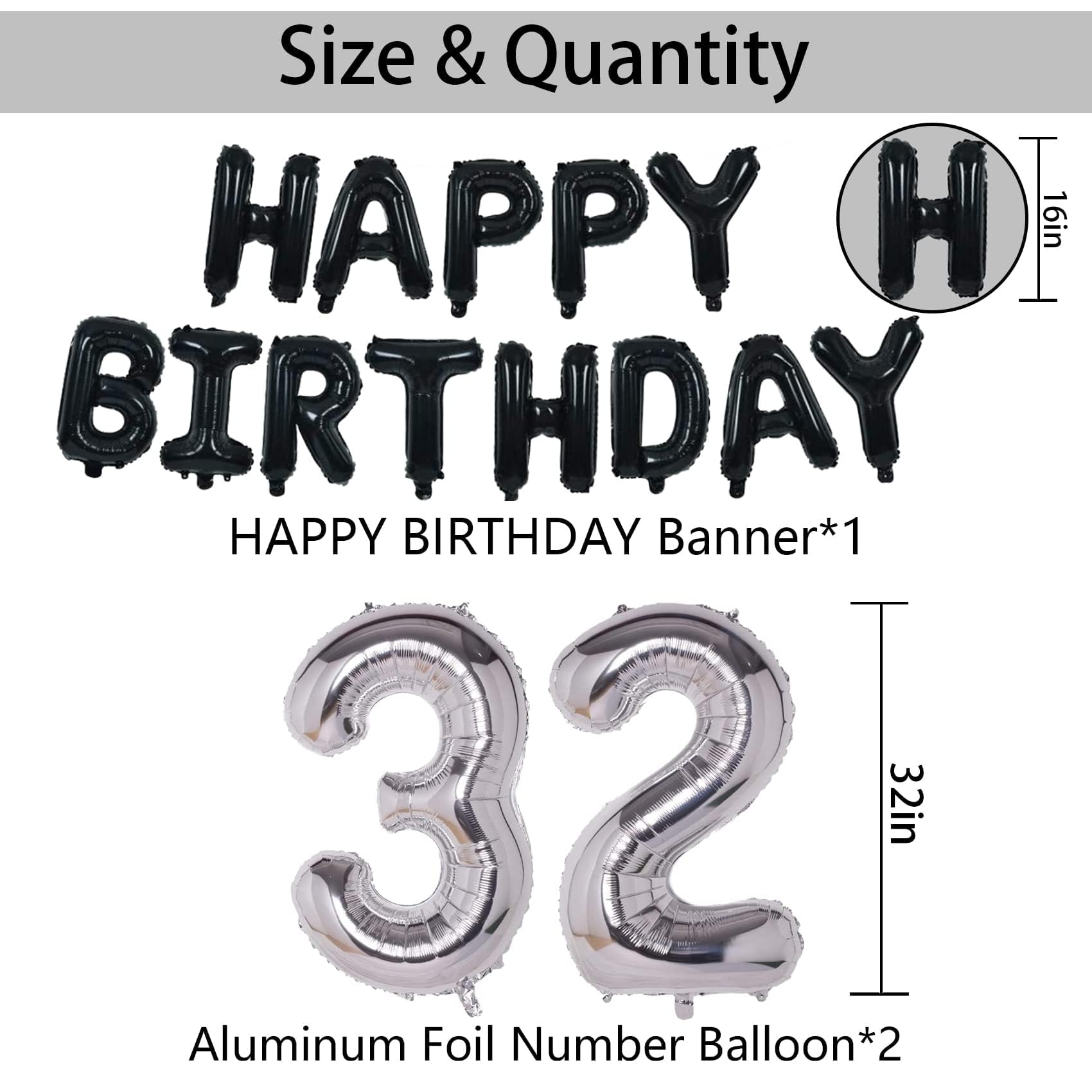 32nd Birthday Party Decorations Set - Black & Silver Theme for Men & Women | Includes Happy Birthday Banner, Foil Stars & Balloons | Perfect for 32nd Birthday Celebrations, Milestone Parties & Adult Gatherings