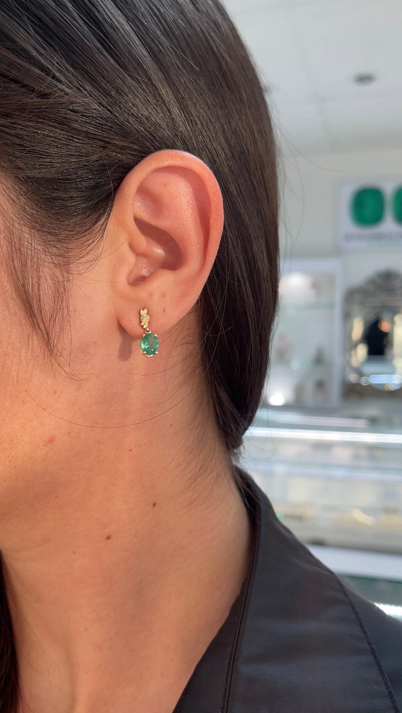 2.0tcw 14K Rose Gold Natural Green Oval Cut Emerald Floral Dangle Earrings for Women - Elegant Jewelry Gift for Bridal, Party & Special Occasions