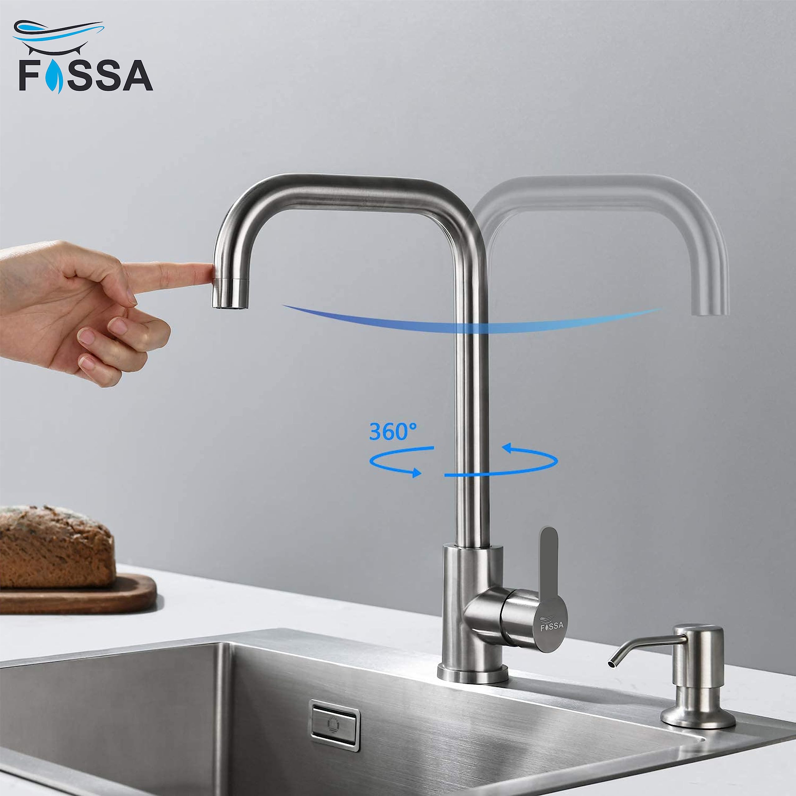 Fossa High Pressure 360° Swivel Stainless Steel Kitchen Faucet with High L Bend Spout - 257mm Silver for Modern Kitchens