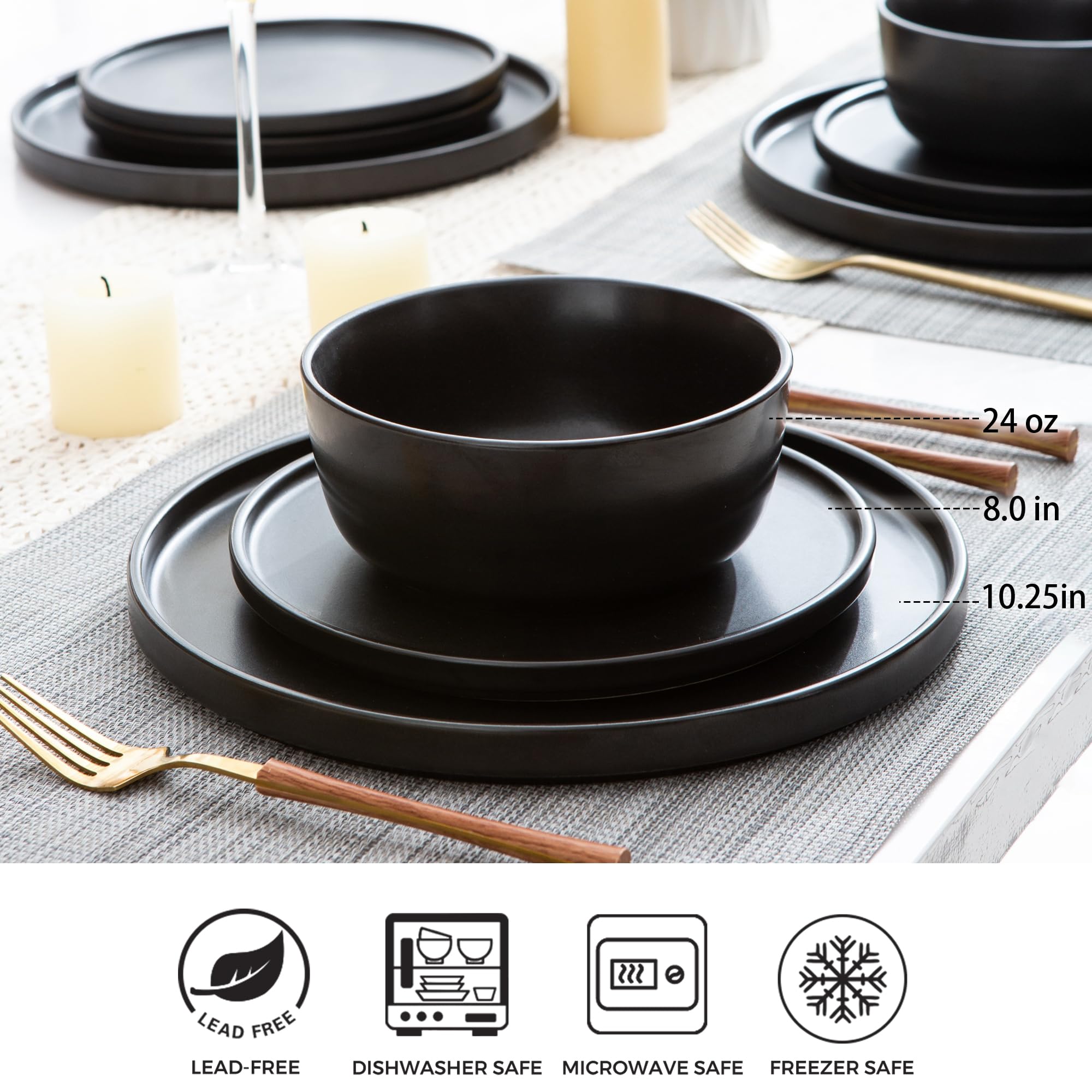 AmorArc 18pc Stoneware Dinnerware Set for 6 - Chip Resistant Plates & Bowls | Dishwasher Safe | Perfect for Family Dining