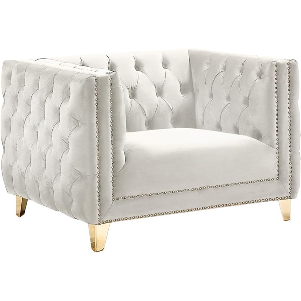 MAKLAINE Modern Velvet & Iron Accent Chair in Cream - Stylish Living Room, Dining Room, or Office Seating