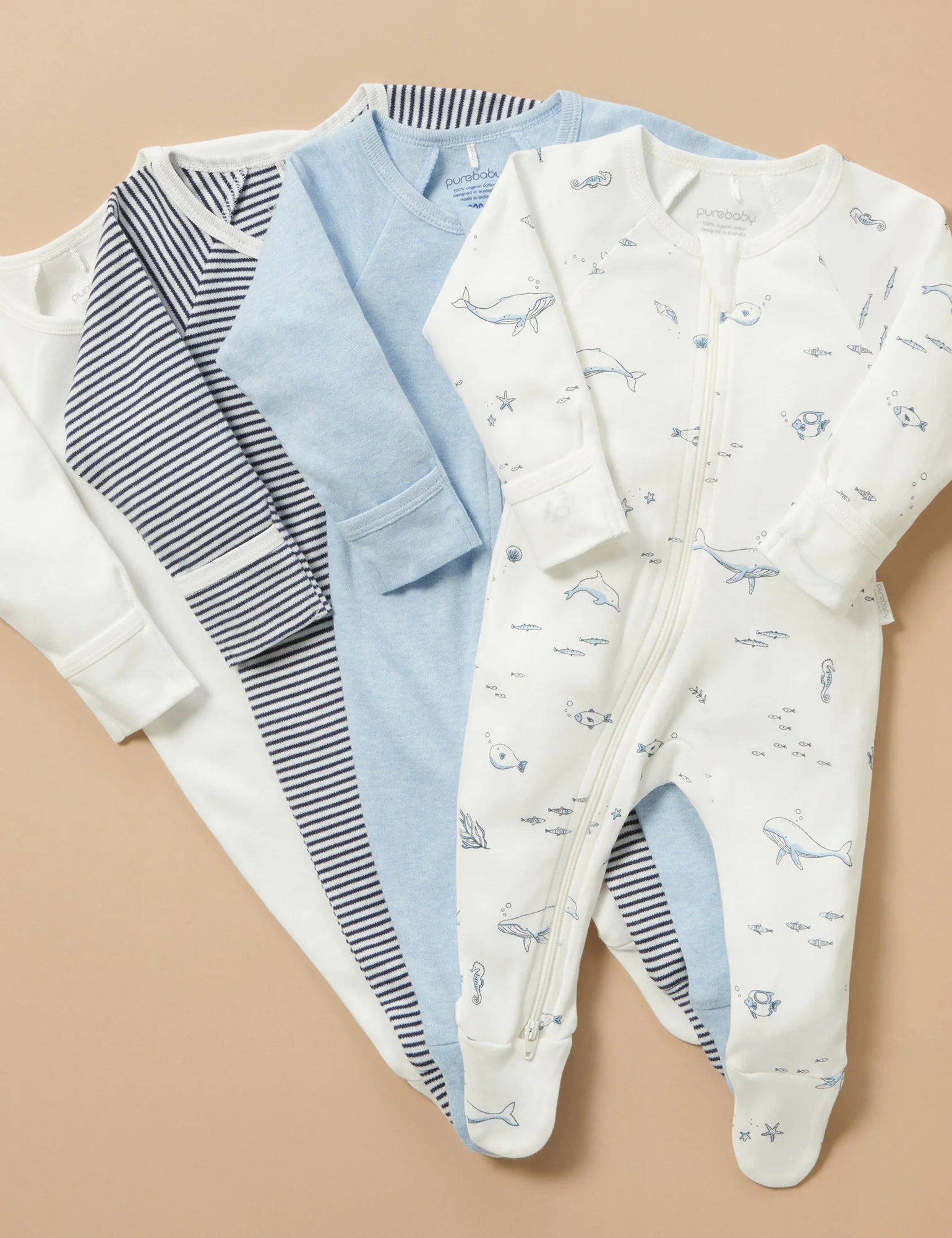 Purebaby Organic Zip Growsuit 4 Pack - Vanilla Nautical Print Baby Romper for Newborns & Infants | Soft Cotton Onesies for Daycare, Playtime & Sleepwear