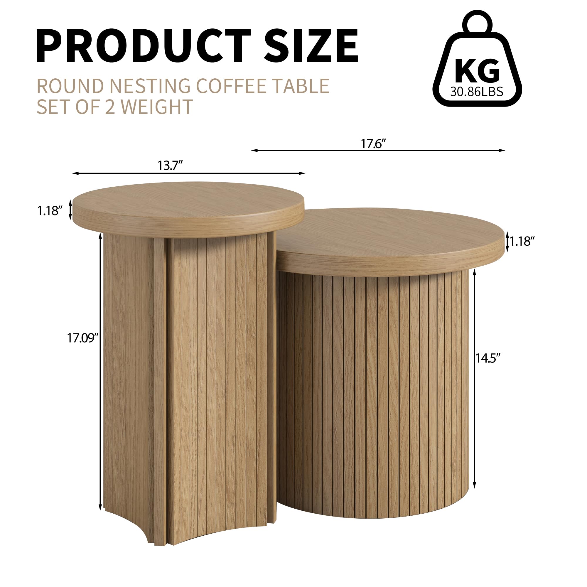 Round Nesting Coffee Table Set of 2 - Wood Finish Stackable Side Tables for Living Room & Bedroom - Rustic Modern Sofa Tables (Small Size) - Perfect for Small Spaces, Apartments and Cozy Home Decor