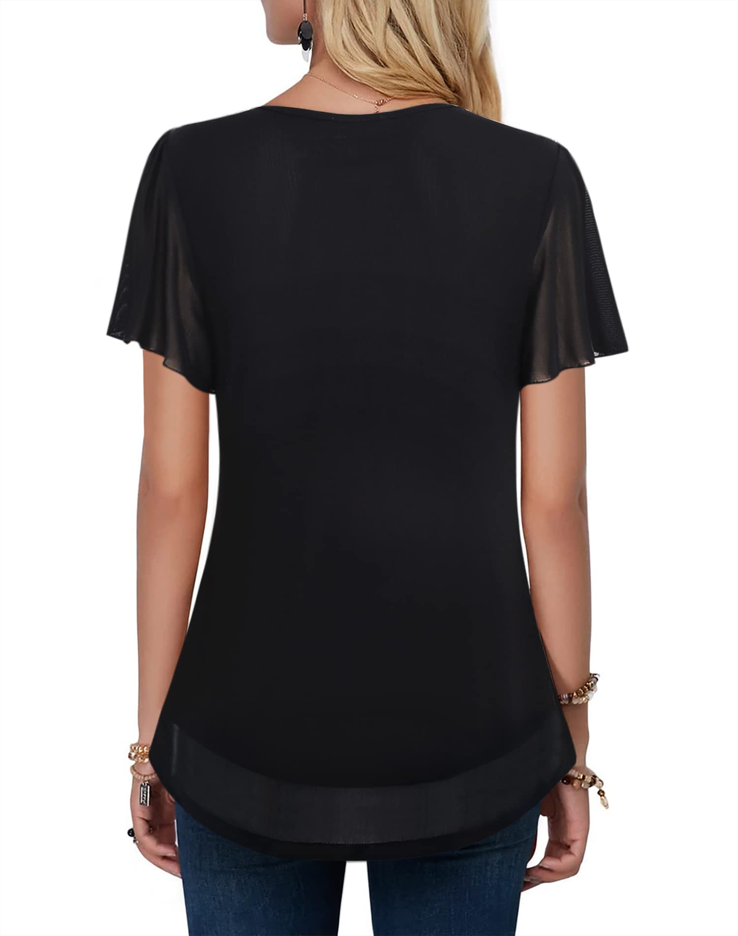 VALOLIA Women's Short Sleeve V-Neck Blouse - Casual Double Layer Mesh Tunic Top for Summer, Work & Everyday Wear