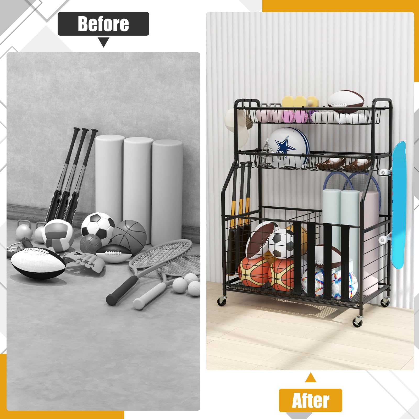 GYMAX Garage Sports Equipment Organizer - Rolling Toy Storage Cart with Lockable Wheels, Basket & Hooks for Golf Bags, Bats, Football Gear | Perfect for Garage, Basement & Playroom Organization