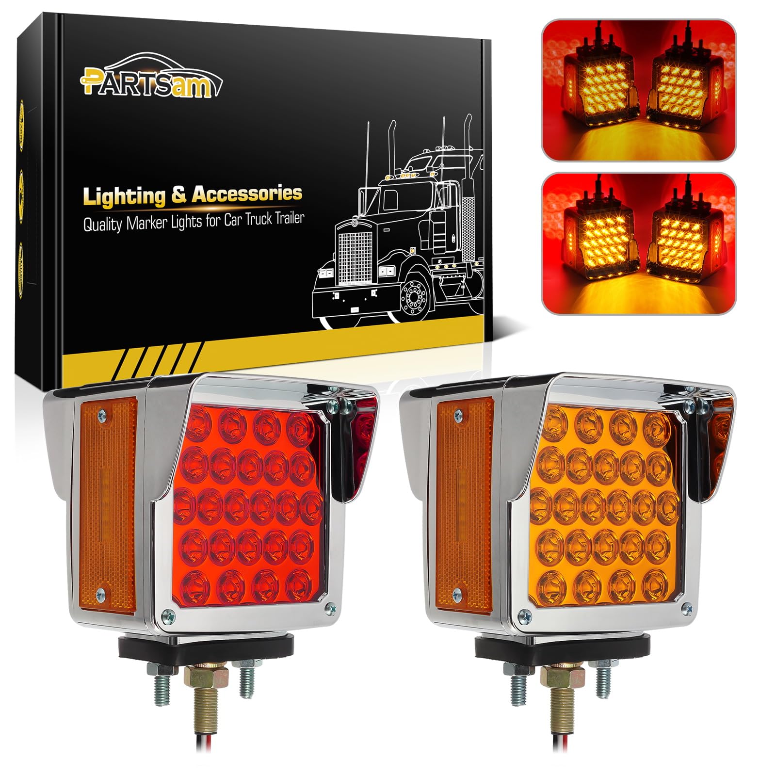 Partsam 52 LED Red/Amber Square Double Face Pedestal Fender Lights - Stop/Turn/Tail Lights with 3-Stud Mount & Visor - Waterproof Replacement for Peterbilt, Kenworth, Freightliner Trucks (Ideal for Heavy-Duty Trailers & Commercial Truck Lighting Upgrades)