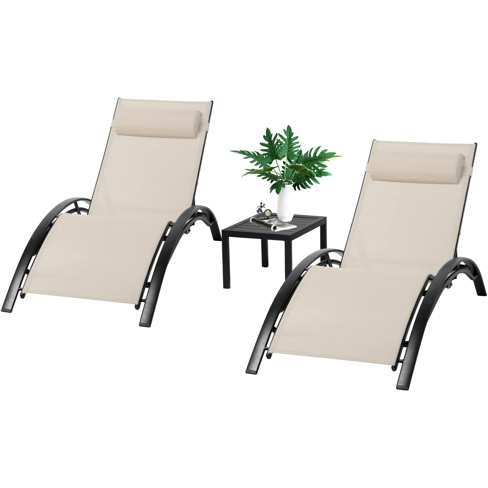 3-Piece Patio Chaise Lounge Chair Set - Aluminum Outdoor Recliner with Adjustable Headrest & Side Table - Sunbathing, Poolside & Beach Loungers for Garden, Lawn & Backyard (Beige) - Perfect for Relaxing, Tanning & Outdoor Entertaining