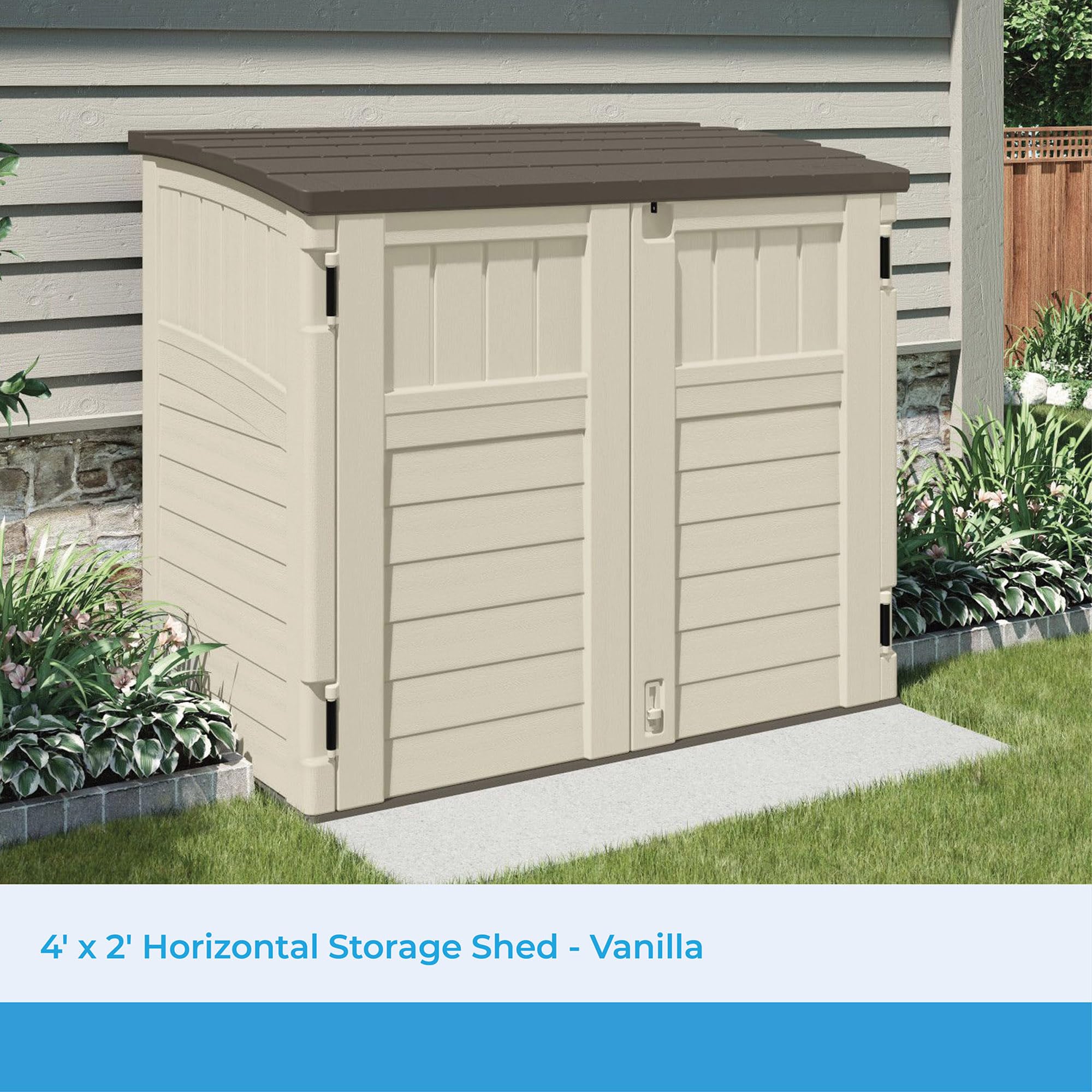 Suncast 34 Cu Ft Horizontal Outdoor Storage Shed - Weatherproof Vanilla Cabinet for Garbage Cans, Garden Tools, Lawn Equipment & Patio Furniture | Perfect for Backyard Organization, Garage Storage & Home Improvement Projects