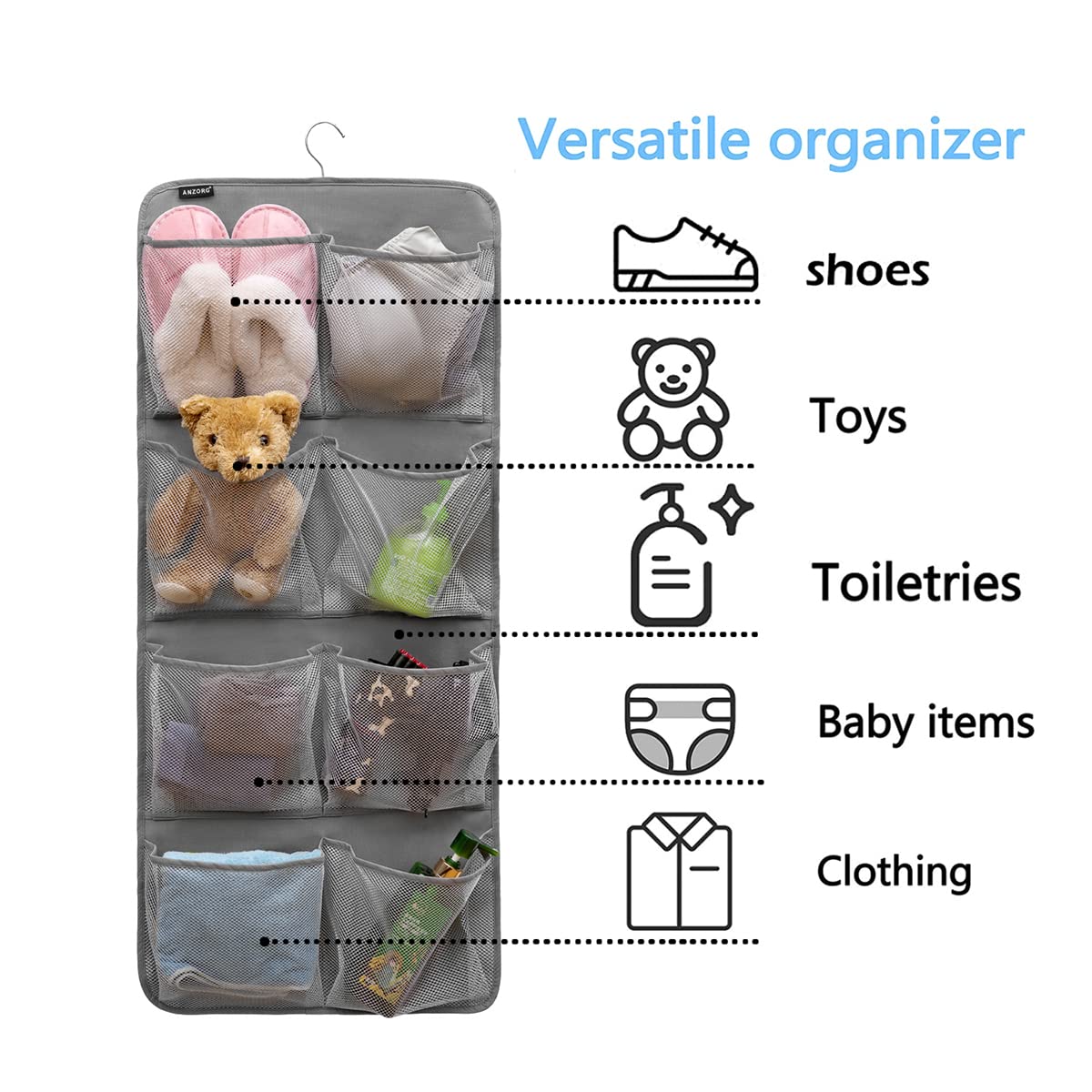 Dual-Sided Hanging Closet Organizer - 26 Pockets for Socks, Underwear, Bras & Baby Clothes | Space-Saving Storage for Kids & Toddler Shoes (Grey-Mesh Pockets) | Perfect for Nursery, Bedroom & Small Closet Organization