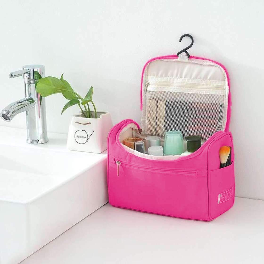 Onprix Travel Toiletry Bag with Hook - Waterproof Makeup Organizer Pouch for Women | Perfect Cosmetic Travel Kit for Vacation, Gym & Airplane (Pink)
