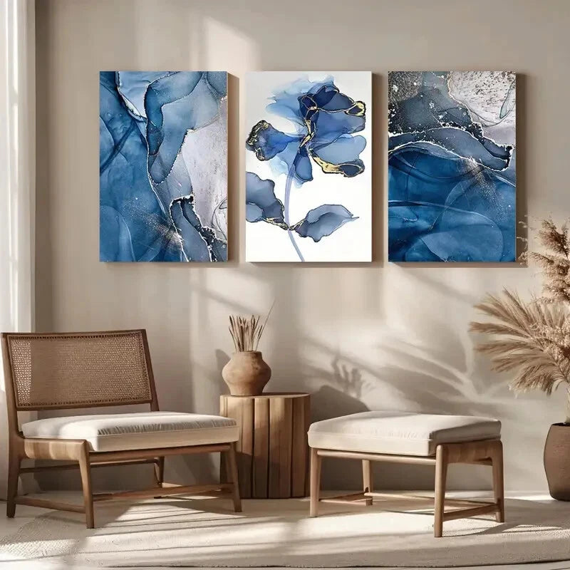 3-Piece Abstract Blue Flower with Golden Accents Metal Wall Art - Ready to Hang Modern Home Decor for Living Room, Bedroom & Office