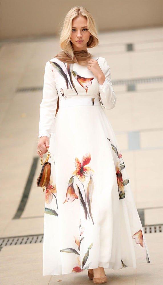 Bellflower Modest Dress for Women - Floral Print Long Sleeve Maxi Dress with Side Pockets | Perfect for Church, Weddings, and Special Occasions