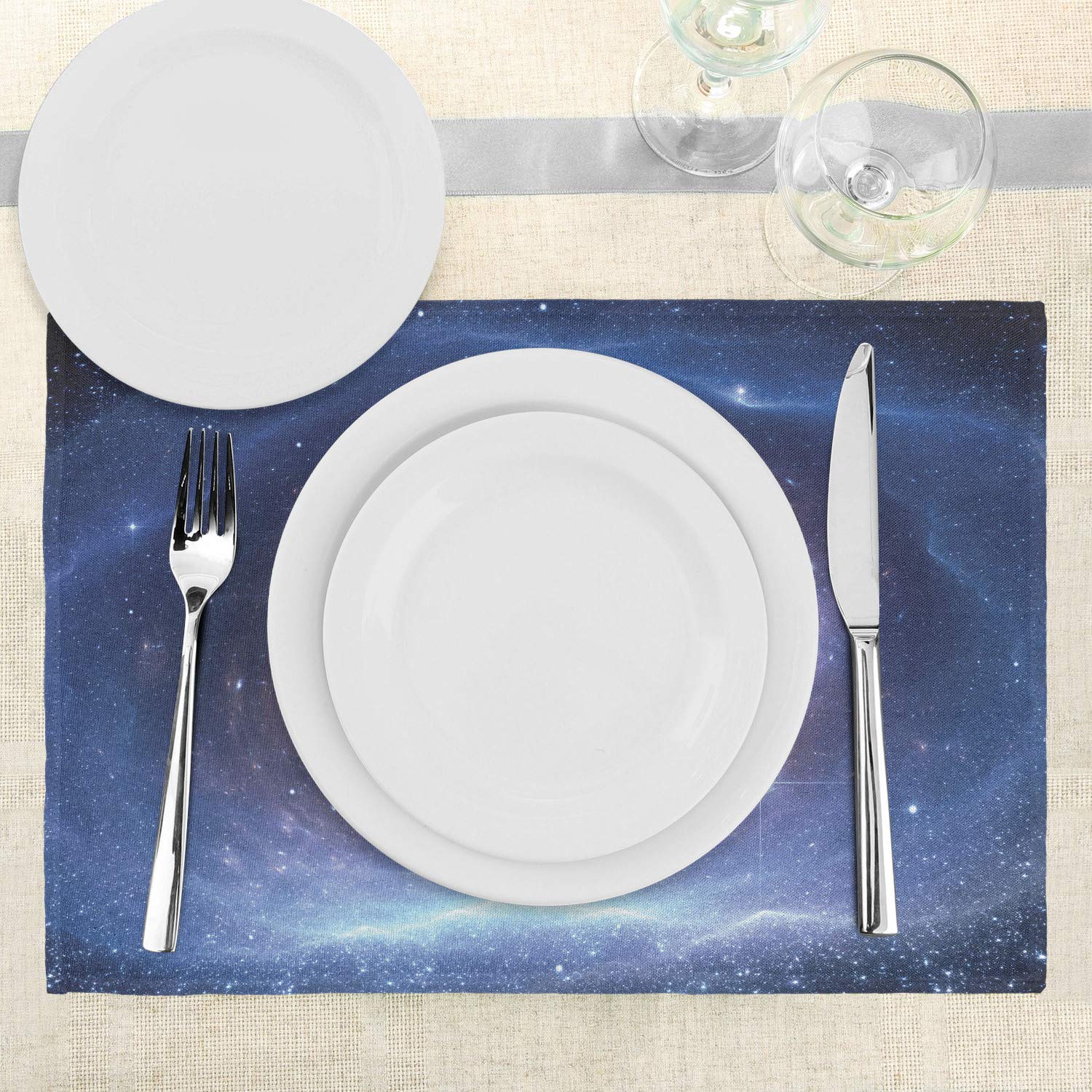 Ambesonne Outer Space Place Mats Set of 4 - Galaxy Nebula Star Cluster Universe Astronomy Design - Washable Fabric Table Mats for Dining Room & Kitchen Decor in Navy Purple - Perfect for Sci-Fi Themed Dinners & Astronomy Enthusiasts