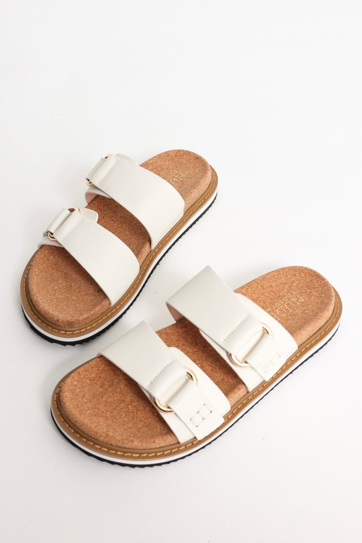 Bambi White Double Leather Strap Slide Sandals - Women's Comfortable Summer Casual Shoes for Beach, Vacation & Everyday Wear