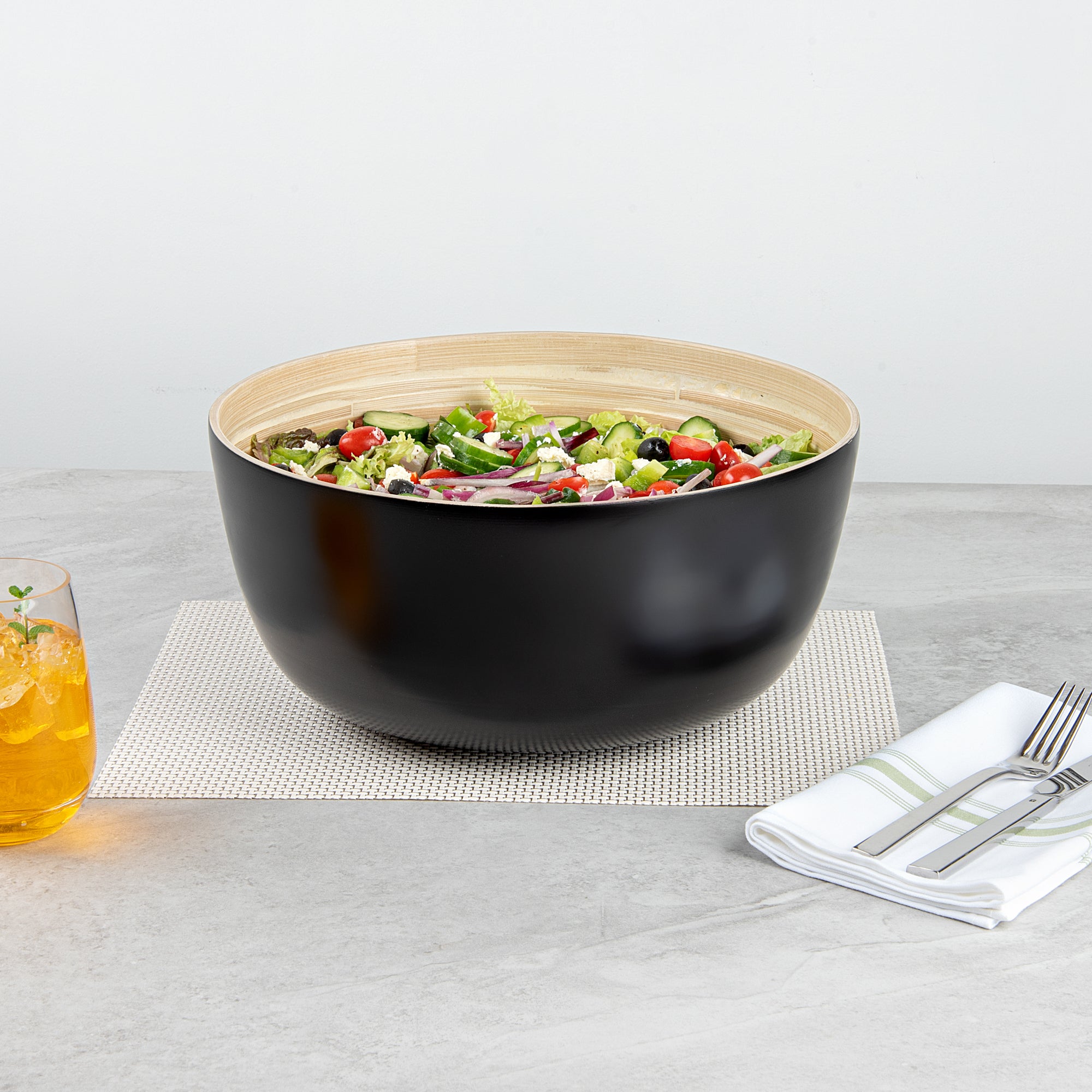 Bambuddha 51 oz Large Round Black Spun Bamboo Salad Bowl - 13.5